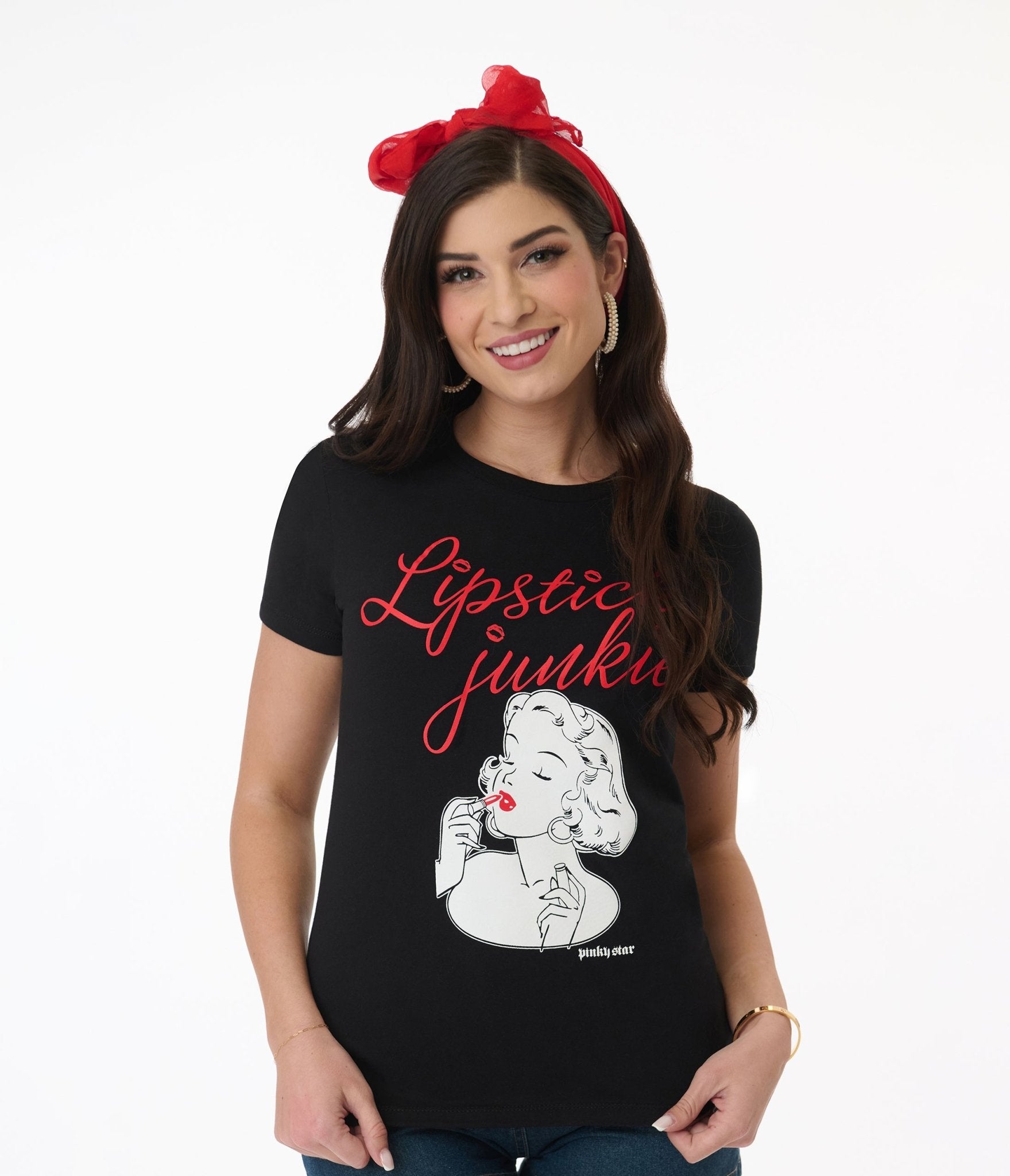 Pinky Star Lipstick Junkie Pin Up Graphic Tee - Vintage Style Women's T-Shirt for Casual Wear & Retro Fashion Lovers