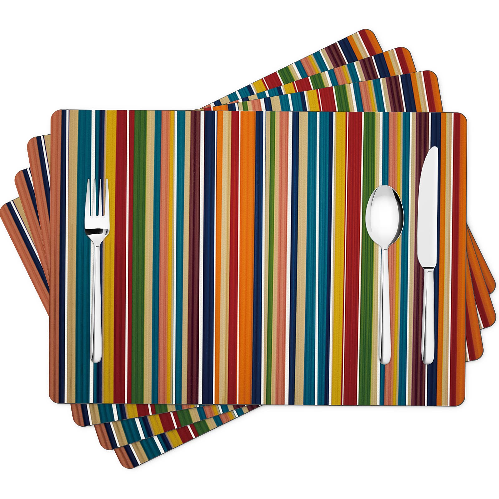 Color Stripe Heat Resistant Non-Slip PVC Table Mats - Washable Dining Table Placemats for Kitchen, Dining Room, and Outdoor Use
