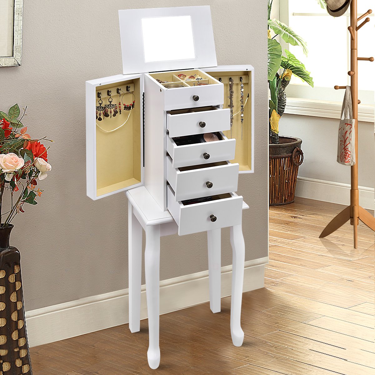 GOFLAME Wooden Jewelry Cabinet Armoire with Full-Length Mirror - 5 Drawers & 2 Doors Jewelry Storage Organizer, Large Standing Jewelry Box for Necklaces, Rings & Accessories - Perfect for Bedroom, Closet or Dressing Room (White)