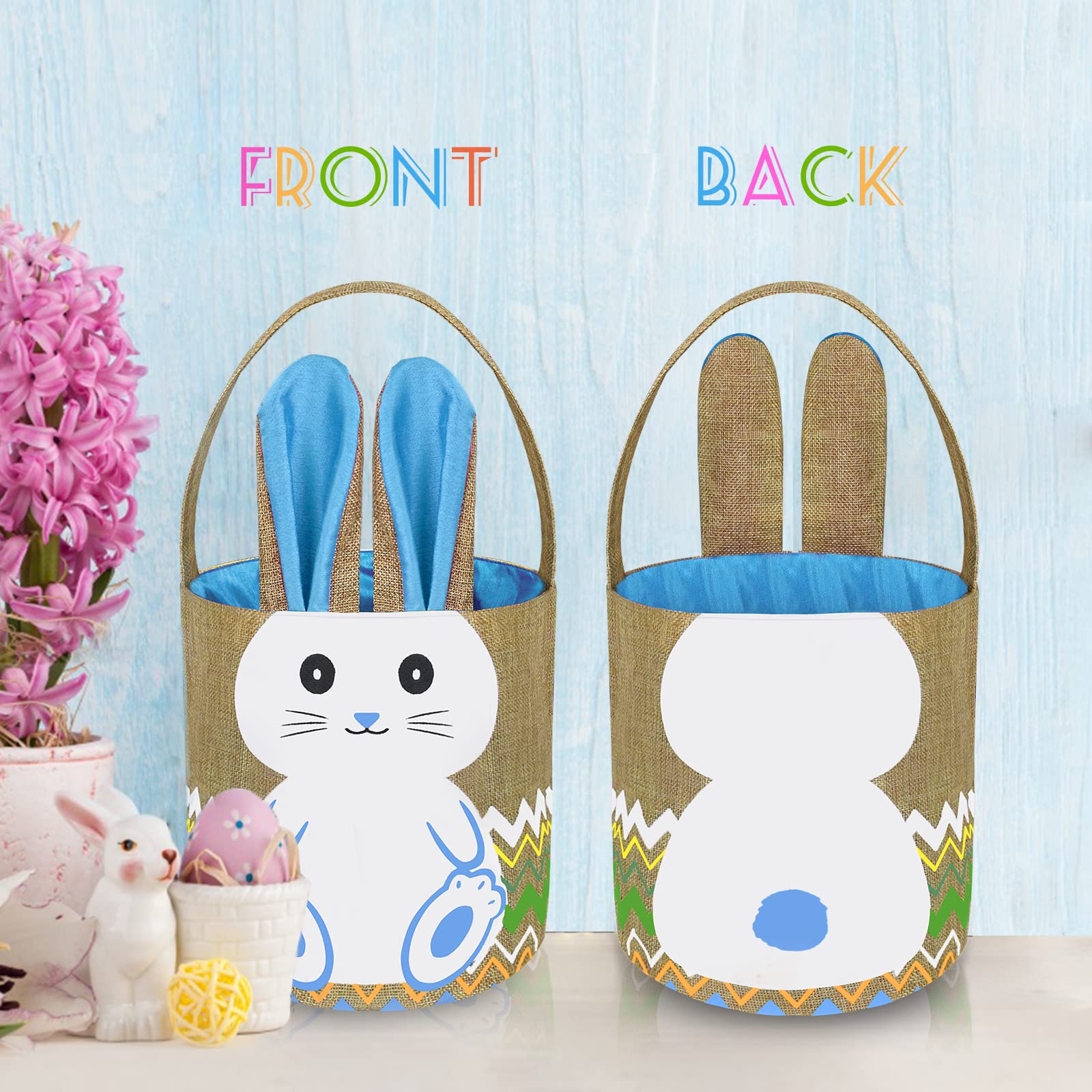 Personalized Easter Basket with Cute Blue Bunny Ears - Empty Linen Easter Gift Basket for Kids, Boys & Girls - Perfect for Easter Egg Hunts, Party Favors & Spring Celebrations