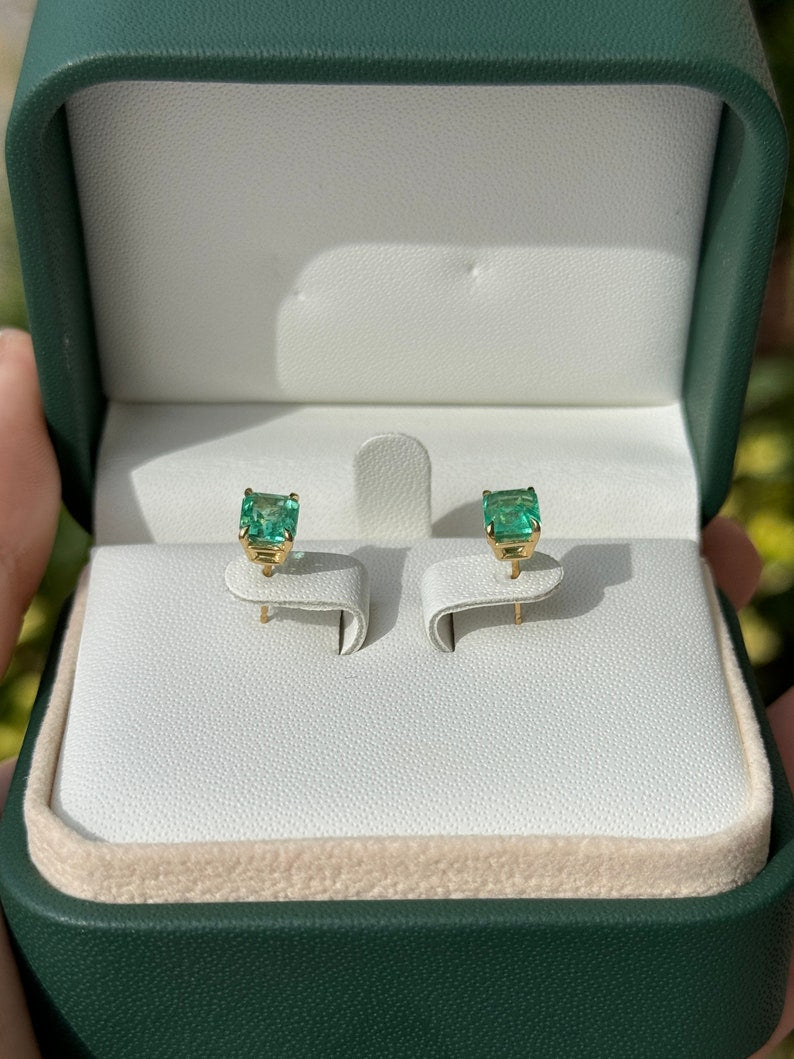 2.21tcw 18K Gold Vivid Green Emerald Cut Stud Earrings for Men & Women | Luxury Prong Set Gemstone Jewelry for Parties, Weddings & Special Occasions