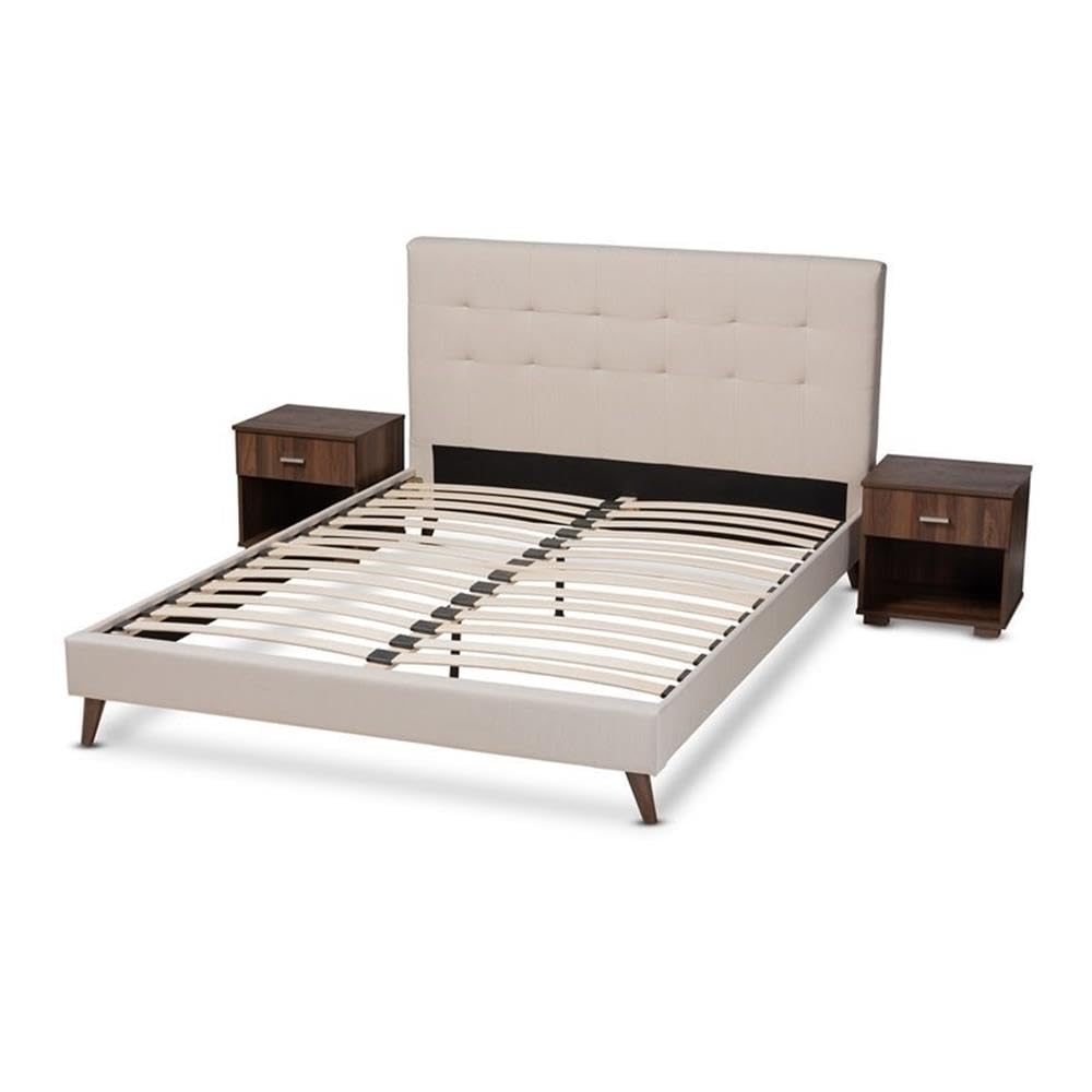 BOWERY HILL Queen Size Beige Platform Bed Frame with 2 Nightstands - Modern Minimalist Bedroom Furniture Set for Small Spaces & Guest Rooms