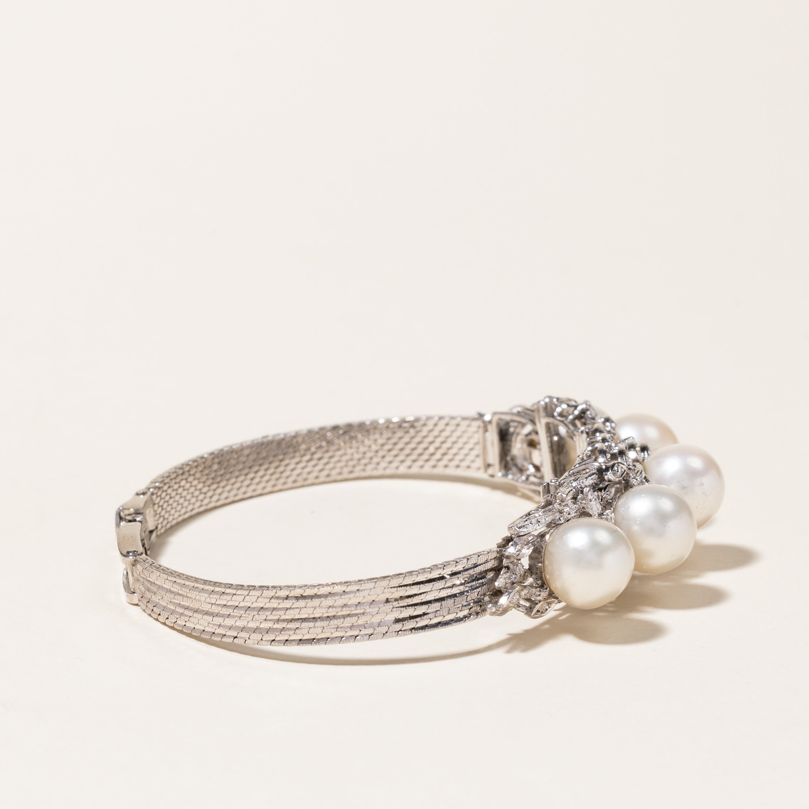 Luxury 5 Pearl & Diamond Bracelet - 9.10mm to 9.40mm Pearls, 0.13ctw Diamonds - 6.75 Inch Adjustable Length - Perfect for Weddings, Anniversaries & Special Occasions