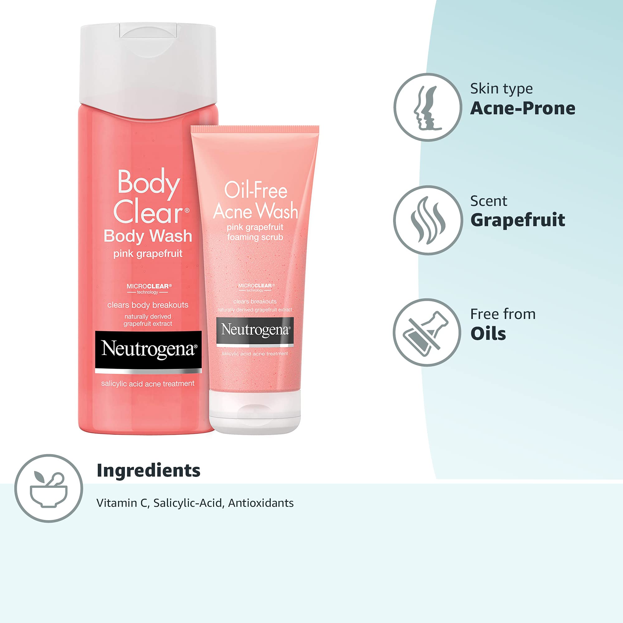 Neutrogena Oil-Free Pink Grapefruit Acne Face Wash 6.7 fl oz (3-Pack) & Body Clear Acne Treatment Body Wash 8.5 fl oz (3-Pack) - Gentle Daily Cleanser for Face & Body, Helps Prevent Breakouts - Perfect for Acne-Prone Skin & Teen Skincare Routine
