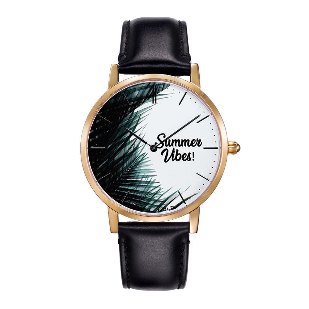 ARIES GOLD Customized Stainless Steel Watch with Palm Leaf Design - Summer Vibes Unisex Leather Strap Watch for Men & Women | Perfect for Beach Vacations, Outdoor Adventures and Casual Wear