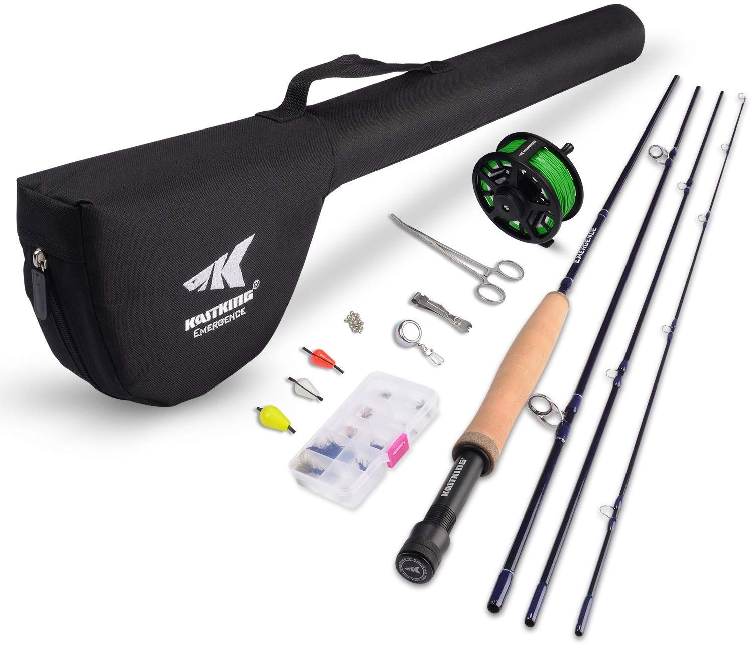 KastKing Emergence Fly Fishing Combo - 4-Piece Graphite Fly Rod with Pre-Loaded Aluminum Reel, 12 Popular Flies & Accessories - Includes Protective Travel Case - Perfect for Trout, Bass & Saltwater Fly Fishing Adventures
