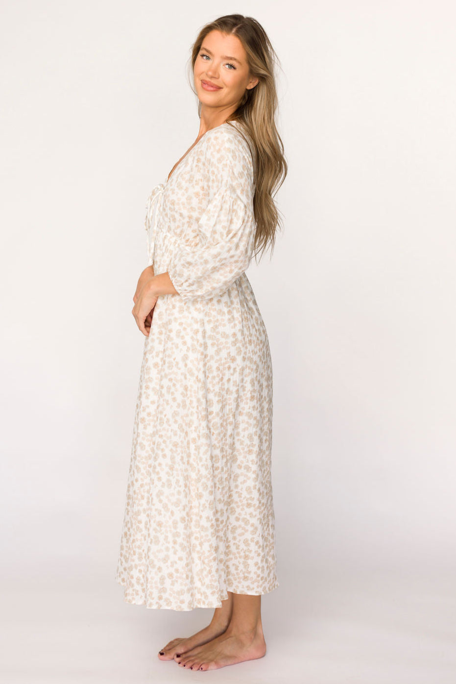 Hunter 100% Cotton Gauze Midi Dress - Natural/Fawn Floral Print | Bump Friendly Maternity Dress | Perfect for Pregnancy, Summer Outings & Beach Vacations
