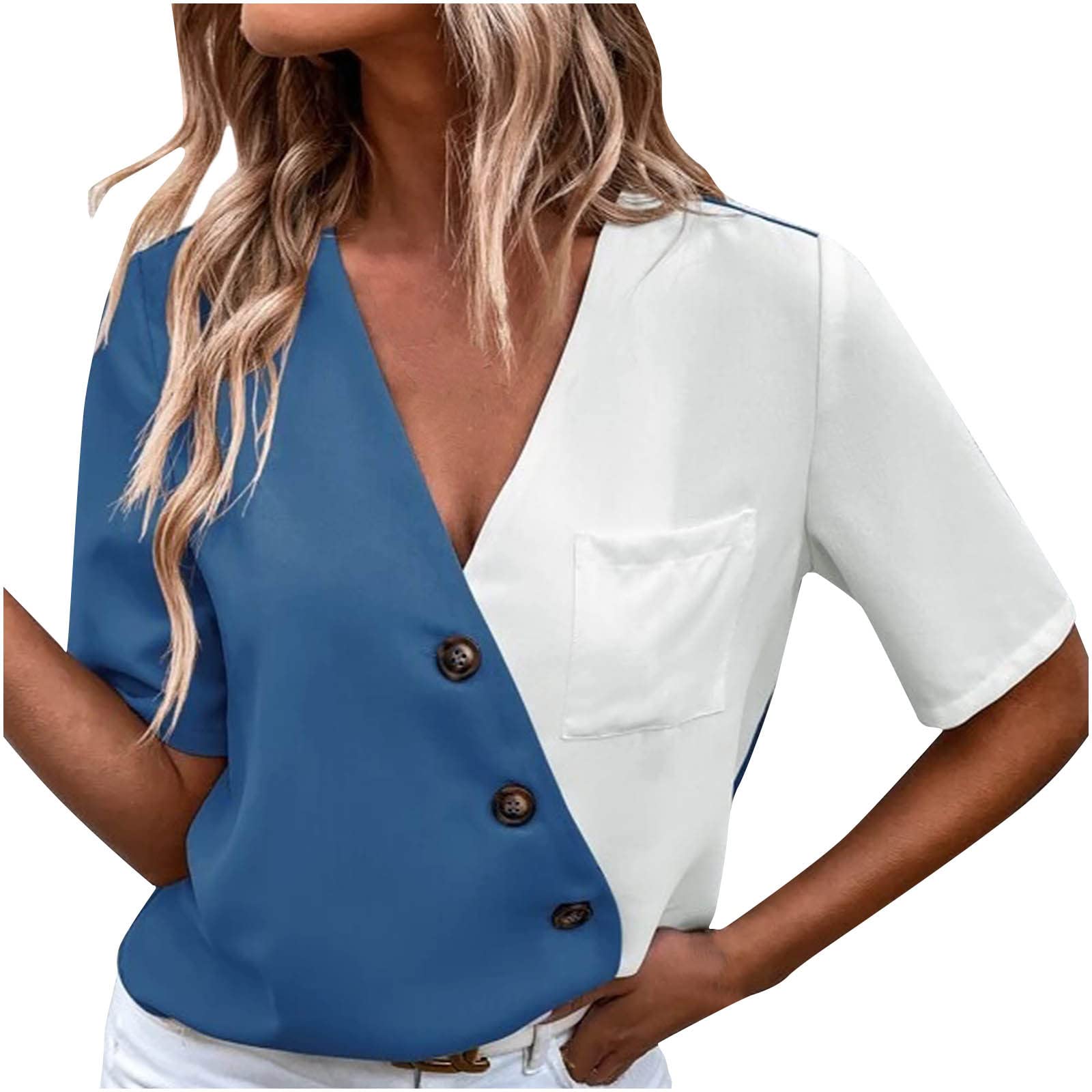 Women's Summer Tops - Short Sleeve Solid Color Sexy Button Blouse for Casual Wear | Perfect for Beach Outings, Date Nights & Summer Vacations