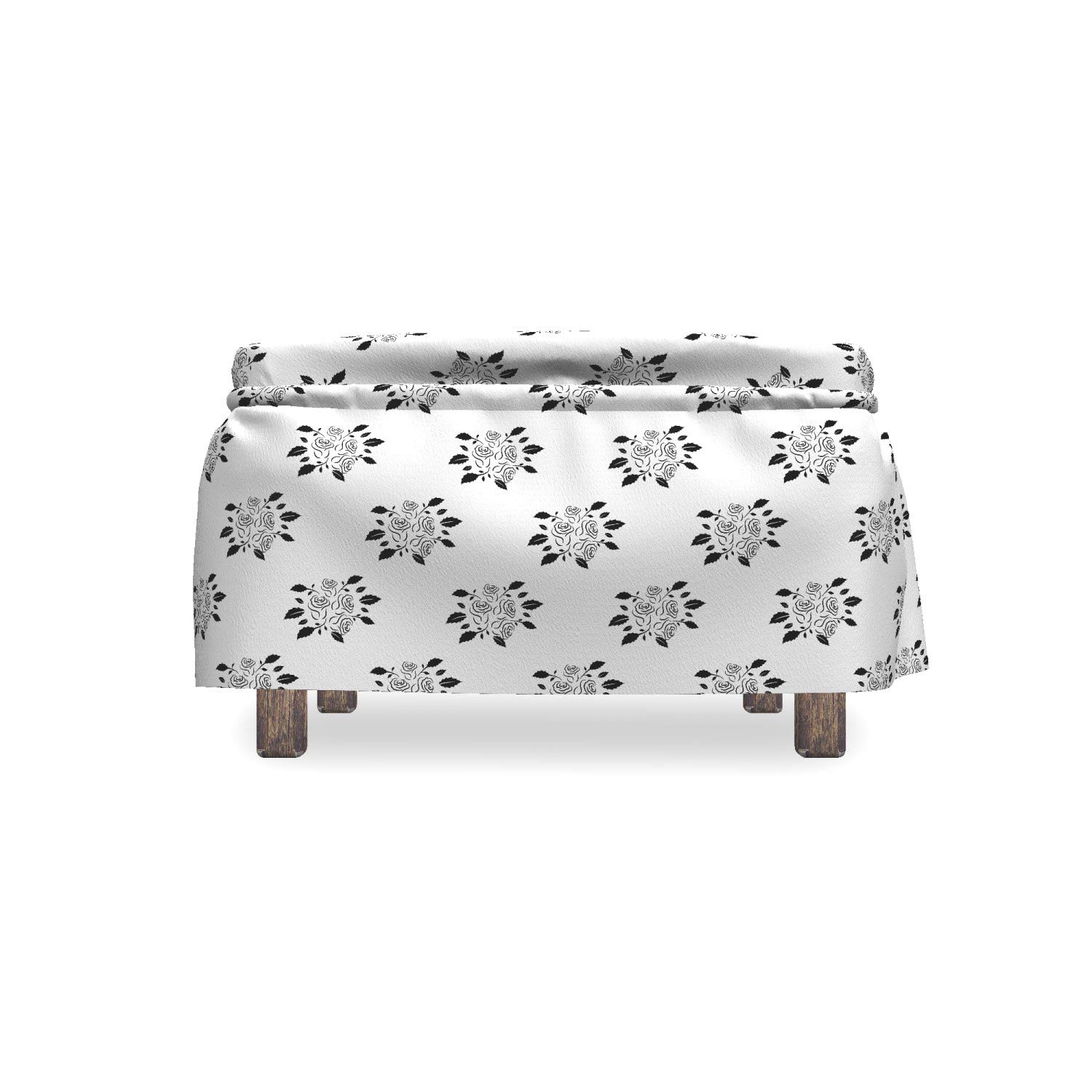 Ambesonne 2-Piece Wedding Ottoman Slipcover Set - Rose Bloom Bouquets Romance Design with Ruffle Skirt for Square/Round Cube Footstools, Charcoal Grey & White Home Decor | Perfect for Living Room, Bedroom & Wedding Decorations
