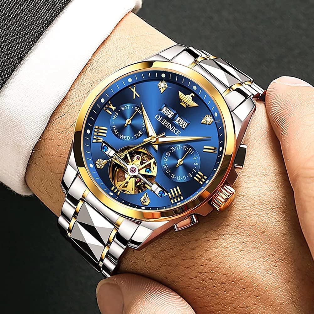 OUPINKE Men's Automatic Diamond Skeleton Mechanical Self-Winding Luxury Dress Watch - Sapphire Crystal & Tungsten Case - Perfect for Business, Formal Events & Gift Giving
