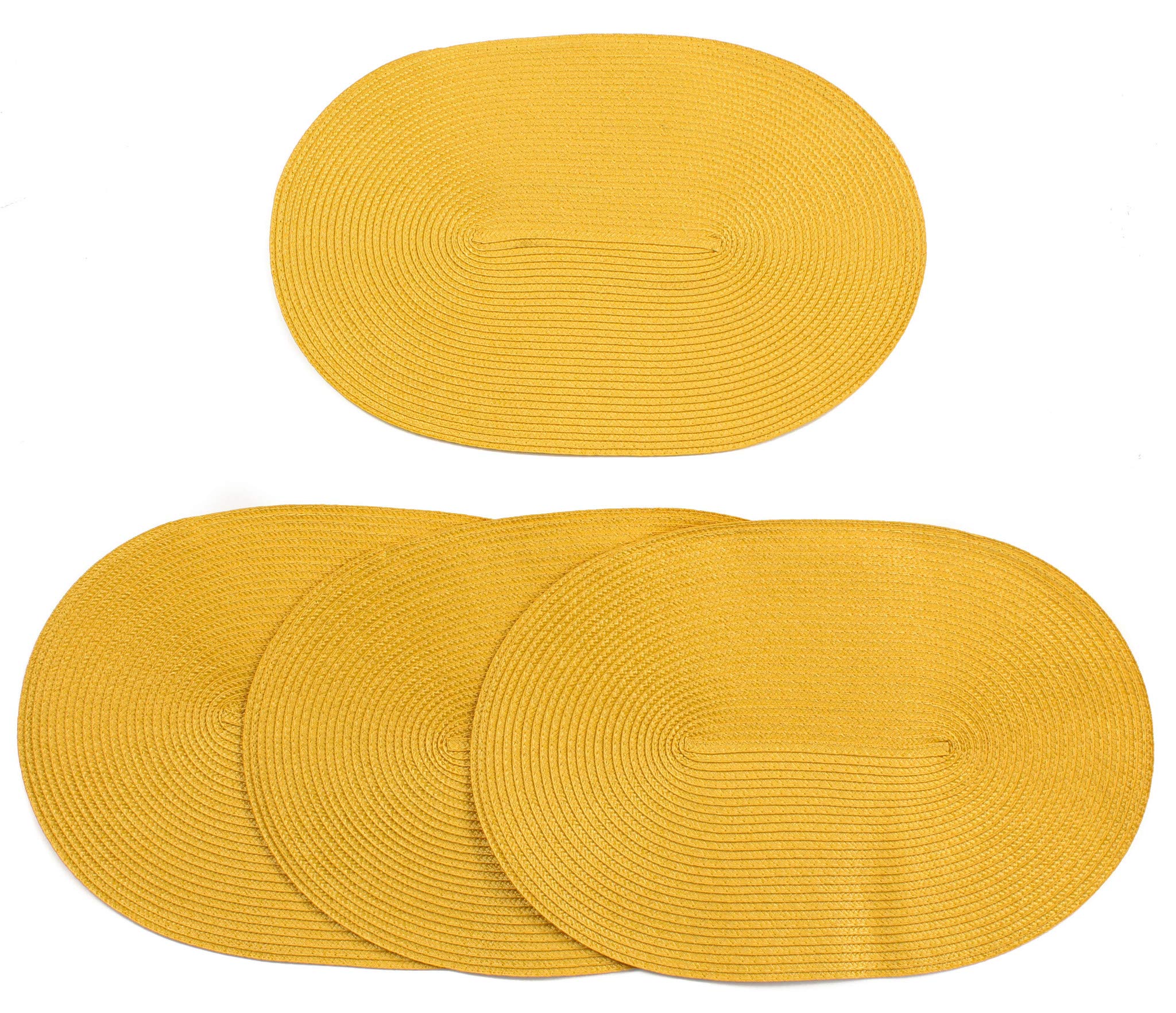 London Woven Spiral Table Placemats Set of 4 - 16.9 x 13 Inch Oval Non-Slip Dining Mats in Yellow - Perfect for Thanksgiving, Christmas Dinner & Home Decor