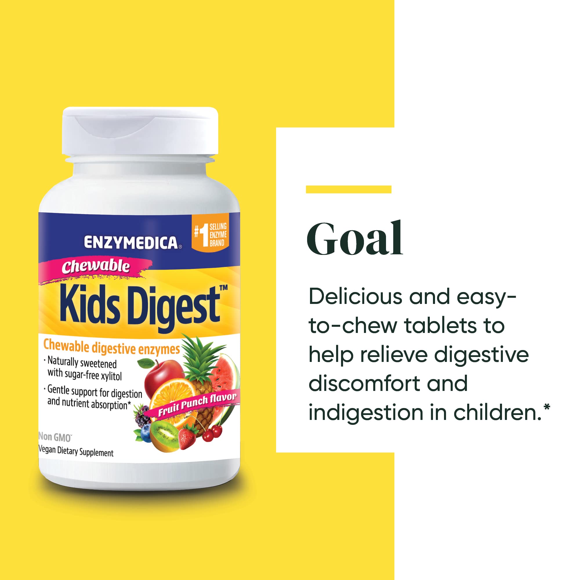 Enzymedica Kids Digest Chewable Tablets - Fruit Punch Flavor (60 Count) | Digestive Support for Kids | Perfect for Travel, School & Daily Use