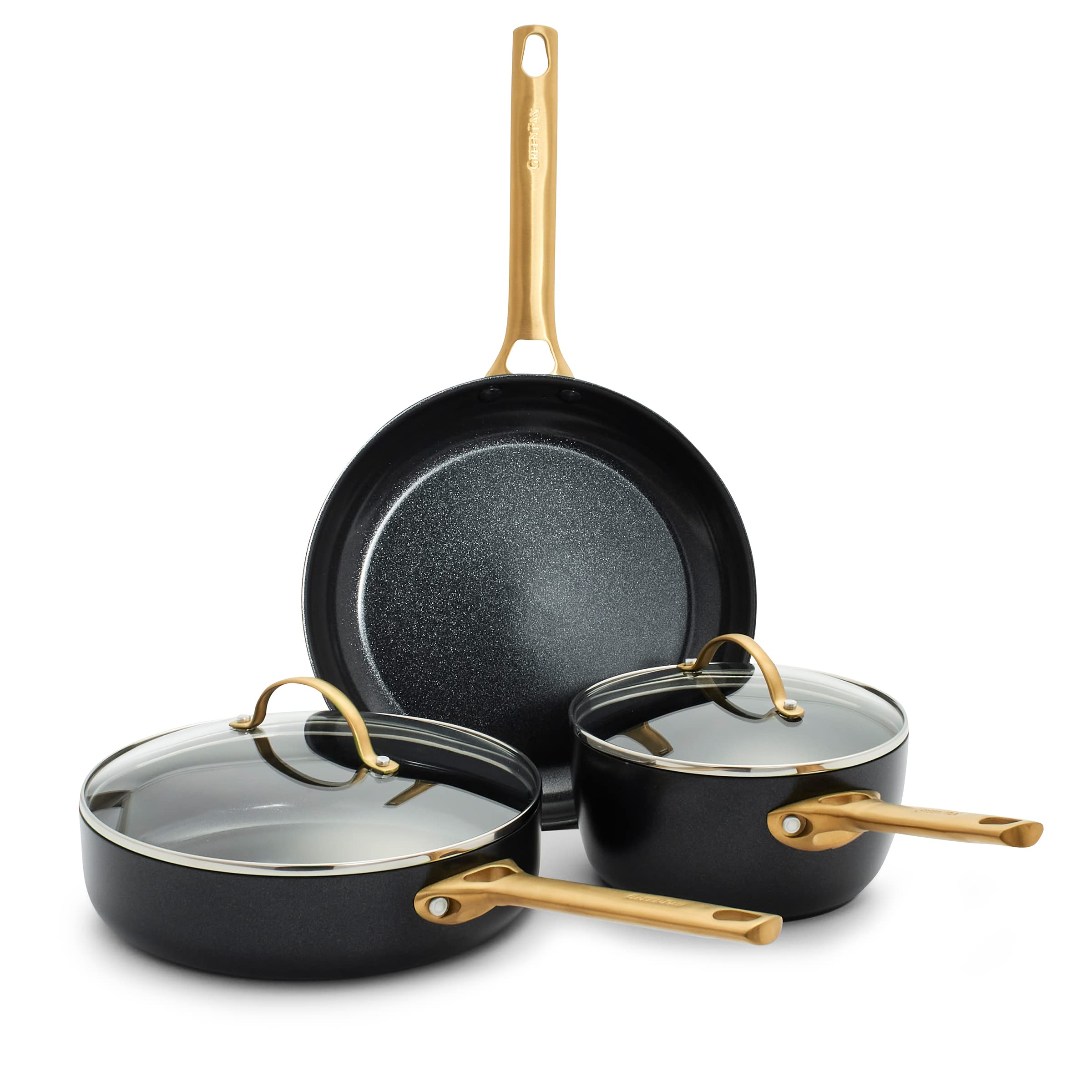 GreenPan Reserve Hard Anodized Healthy Ceramic Nonstick 5-Piece Cookware Set - PFAS-Free, Dishwasher & Oven Safe, Black Pots & Pans with Gold Handles for Healthy Cooking | Perfect for Frying, Sautéing & Baking in Modern Kitchens