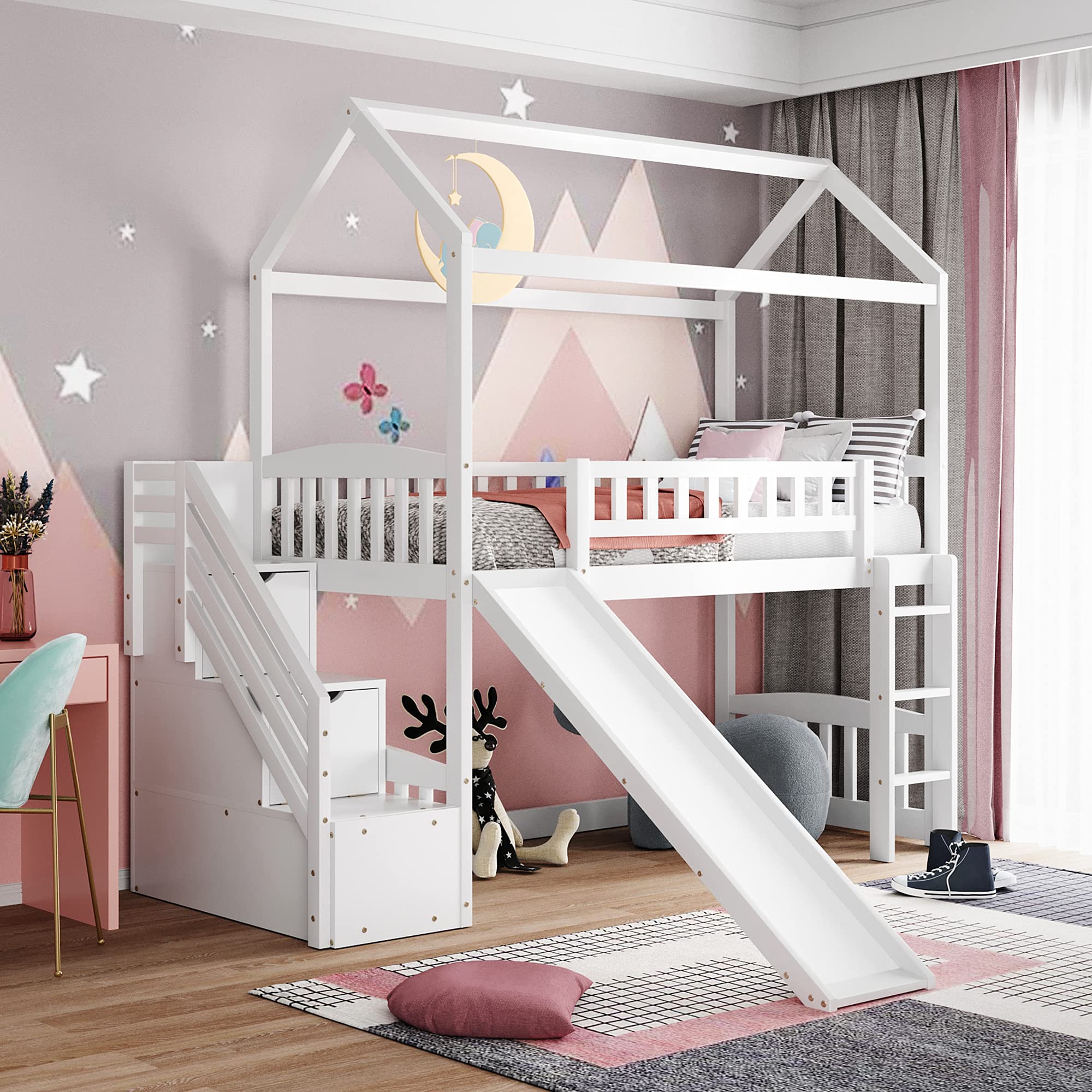 Merax Twin Loft Bed with Two Drawers & Slide - Wooden House Style Bunk Bed with Roof & Safety Guardrails for Kids, Boys & Girls (White) - Perfect for Small Bedrooms, Playrooms & Space-Saving Kids' Rooms