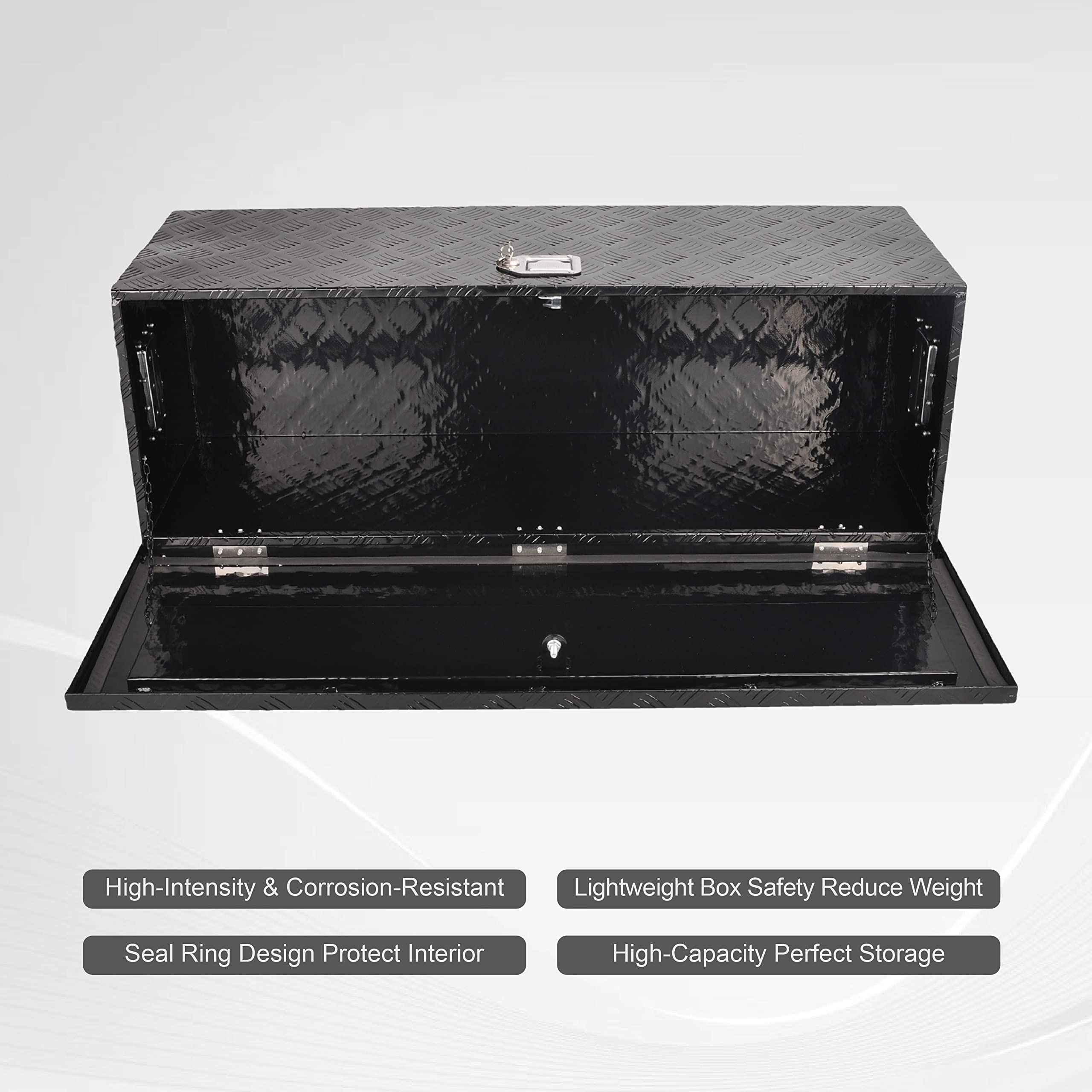 44 Inch Heavy Duty Aluminum Truck Bed Tool Box - Underbody Flatbox for Pickup Trucks, Trailers & RVs - Black Storage Organizer with Lock & Keys (44