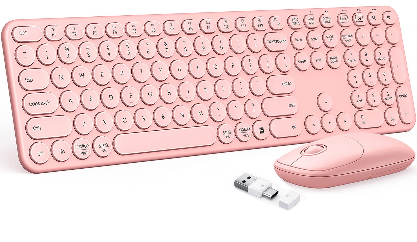 Seenda Wireless Keyboard and Mouse Combo - USB/Type C Compatible for Mac & Windows, Full-Size Round Key Cute Pink Keyboard for Laptop, PC, Desktop - Perfect for Home Office, Gaming & Remote Work