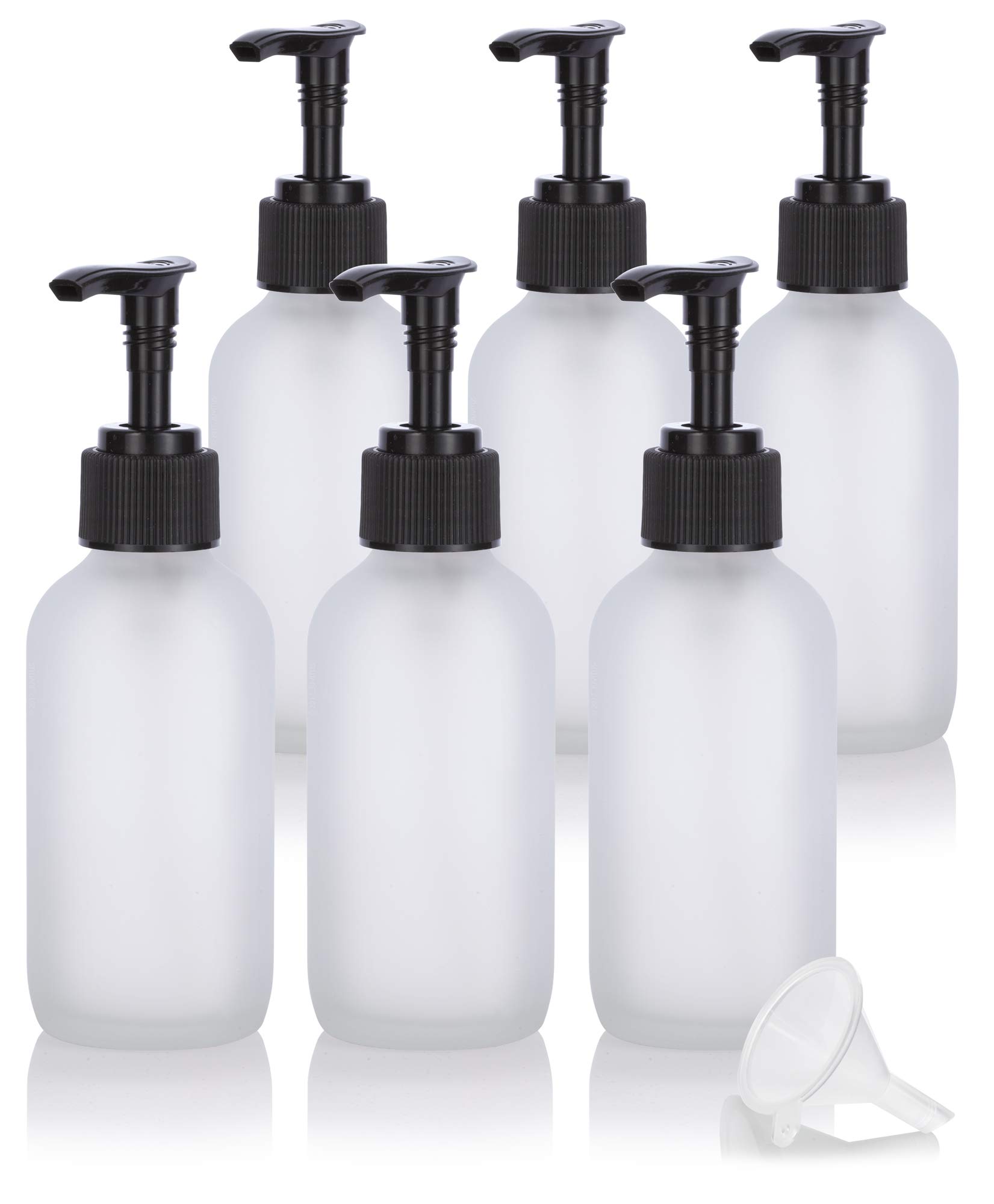 JUVITUS 4 oz Frosted Clear Glass Boston Round Bottle with Black Lotion Pump (6 Pack) + Funnel - Essential Oil, Lotion & Cosmetic Storage Containers for Home, Salon & DIY Projects