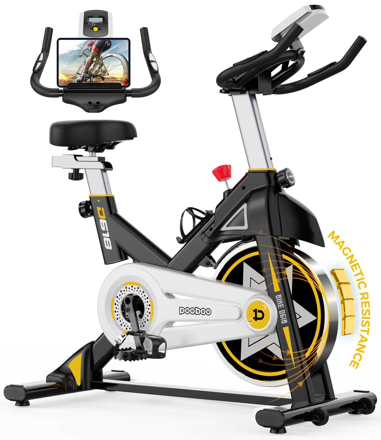 POOBOO Magnetic Resistance Exercise Bike - Indoor Cycling Bike for Home Gym with Comfortable Seat Cushion, iPad Mount & Silent Belt Drive - Perfect for Cardio Workout, Home Fitness & Small Space Workouts