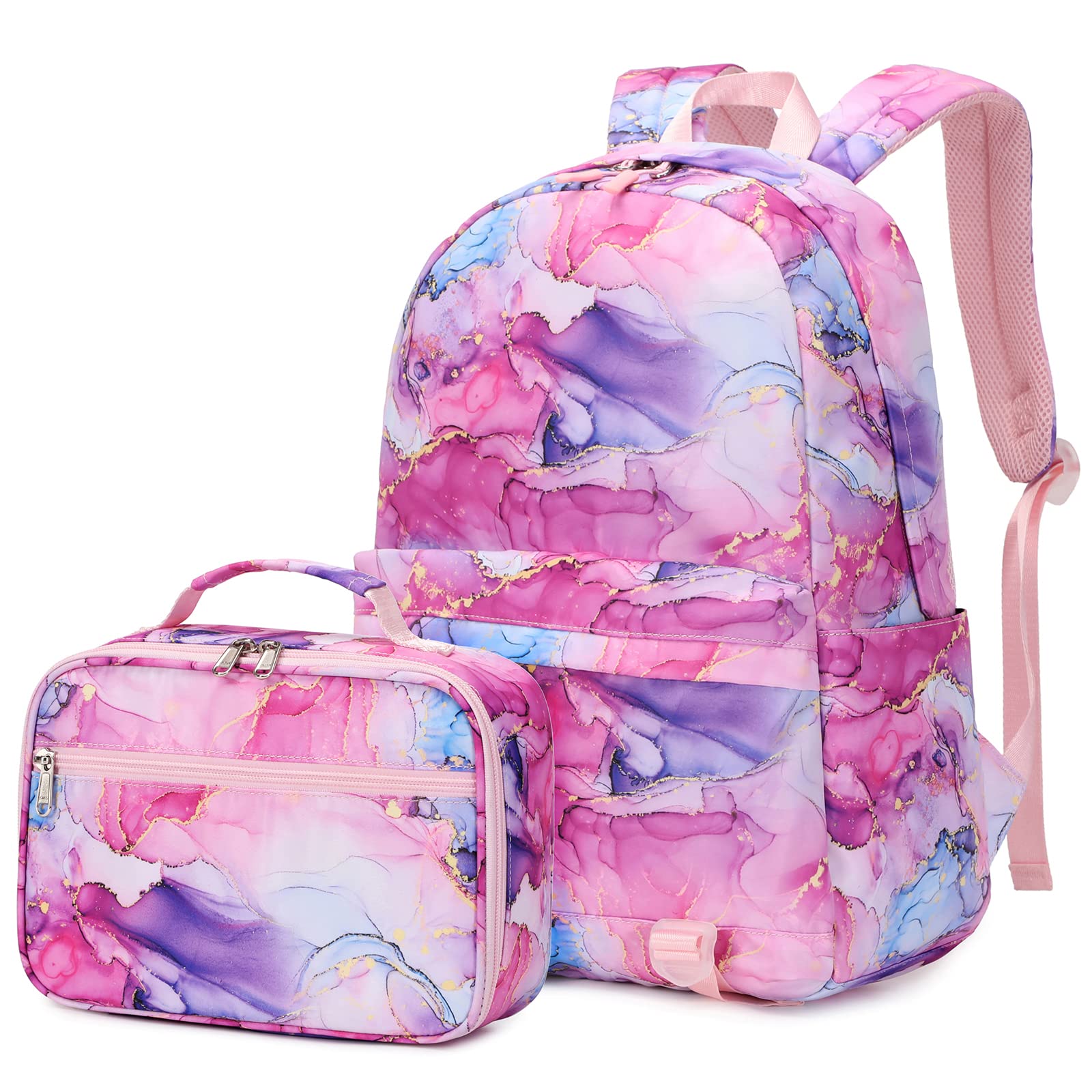 Stylish Marble Print Backpack for Girls - Waterproof School Backpack with Insulated Lunch Box Set - Cute Bookbag for Preschool, Elementary & Middle School Students - Perfect for Daily Use, Field Trips & Travel