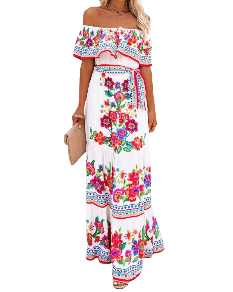 Women's Floral Maxi Dress - Off Shoulder Strapless Ruffle Short Sleeve Boho Beach Dress for Summer Vacation, Party & Date Night | Lightweight Flowy Ethnic Style