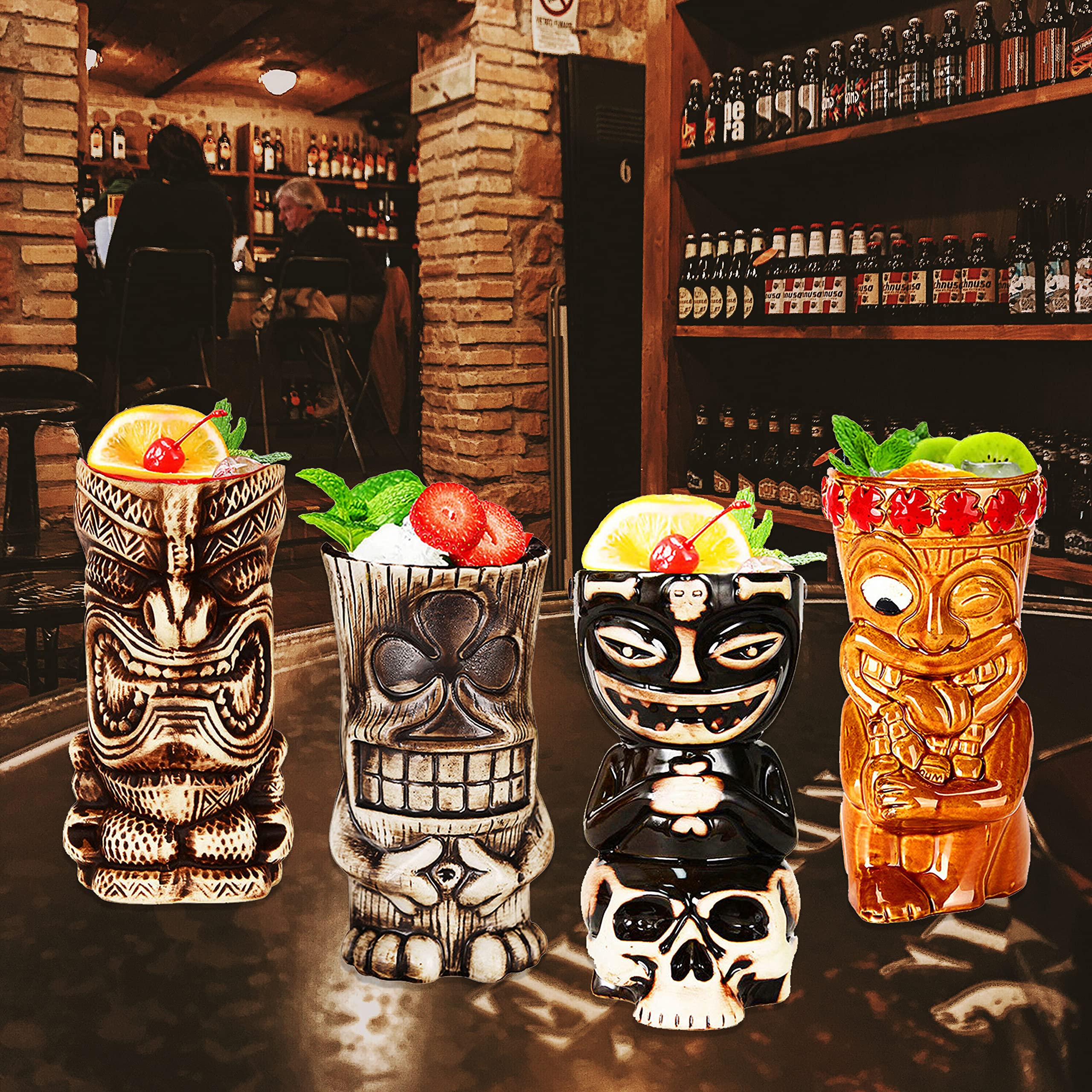 Premium 8-Piece Tiki Bar Glasses Set - Exotic Cocktail Mugs for Tropical Drinks, Hawaiian Themed Party Cups - Perfect for Luau Parties, Beach Bars & Summer Entertaining