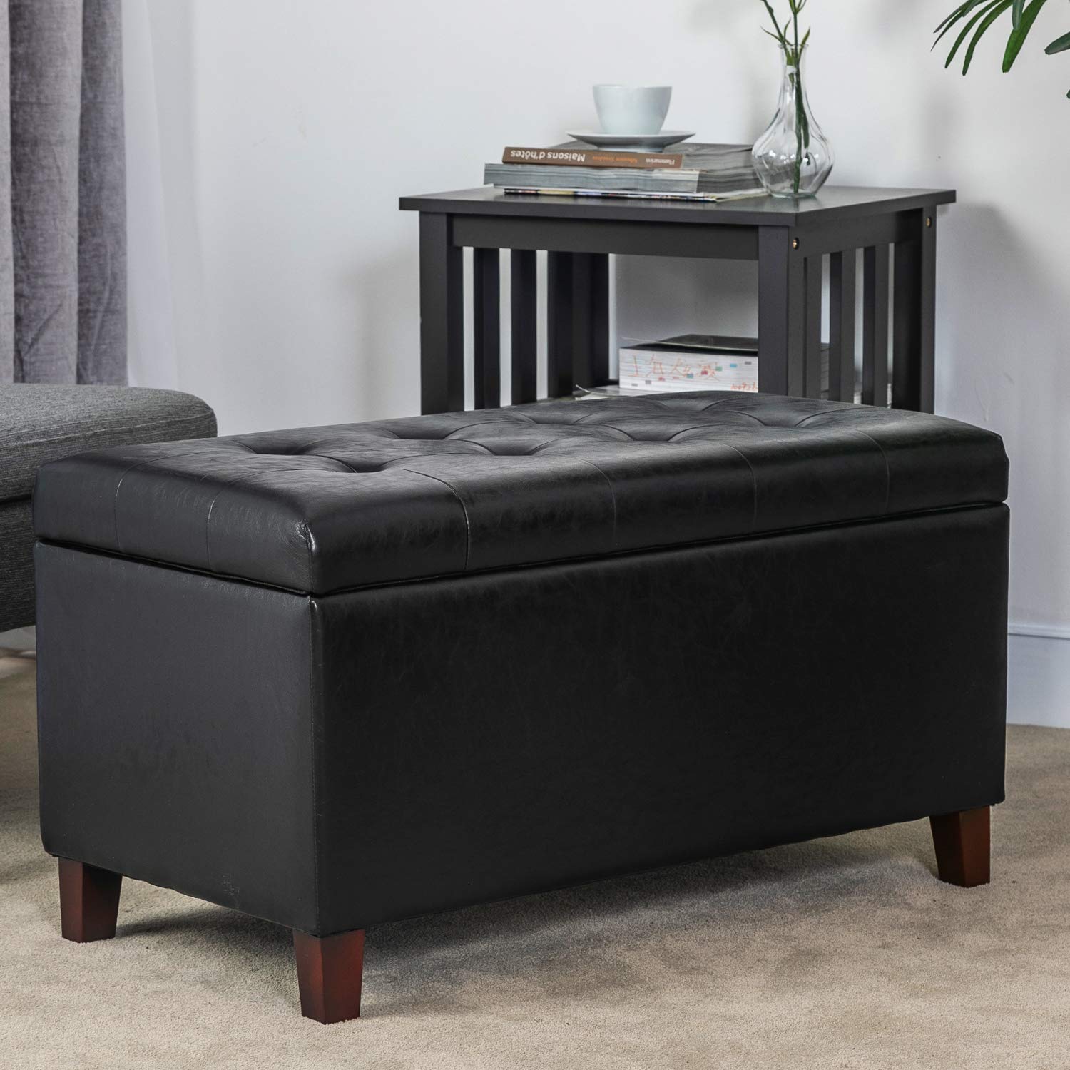 Adeco Faux Leather Storage Ottoman Bench with Wood Legs - Tufted Rectangular Footrest Stool for Living Room, Bedroom, Entryway | Multi-Functional Coffee Table & Seating Solution (Black) - Perfect for Small Space Organization & Extra Seating