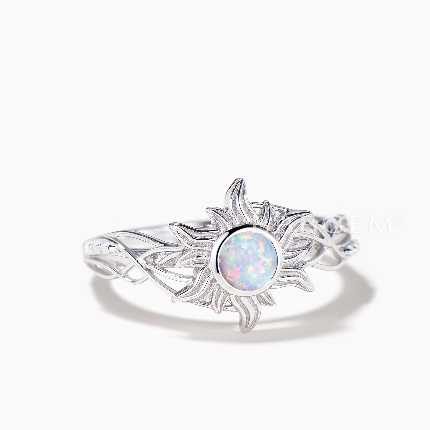 Round Cut White Opal Sun Engagement Ring - Bezel Setting Nature Inspired Wedding Band for Women - Perfect for Proposals, Anniversaries & Boho Chic Style