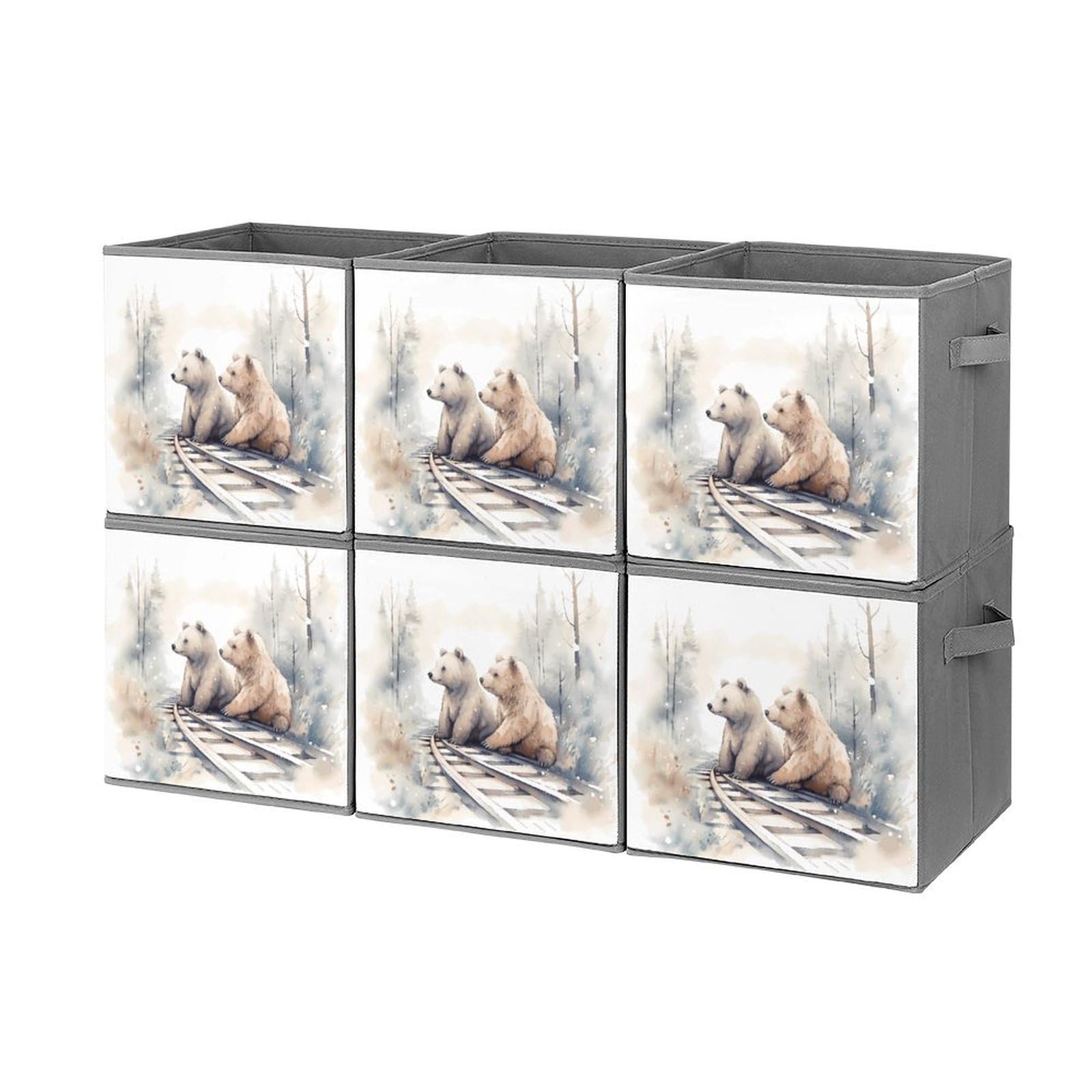 6-Piece Foldable Storage Bins with Bear Train Print - Large Capacity Storage Boxes with Handles for Playroom, Office & Home Organization | Perfect for Kids' Toys, Books & Clutter Control