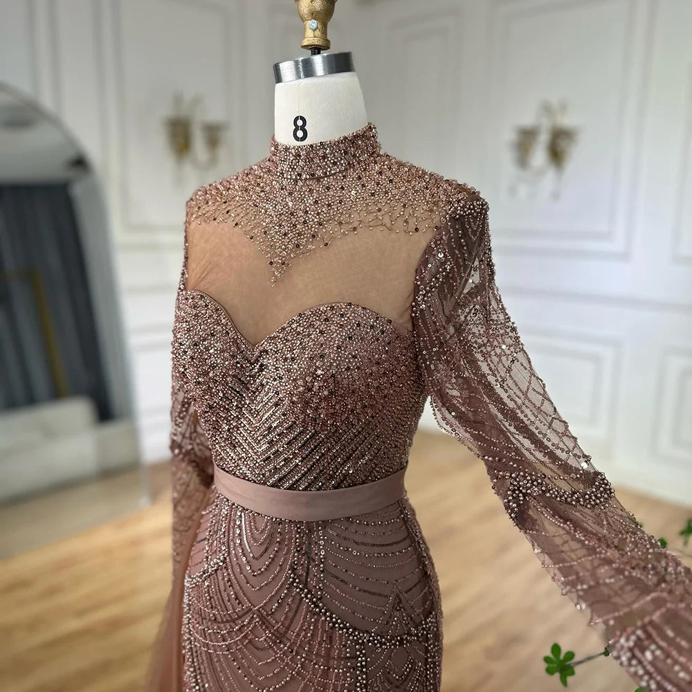 Elegant Brown Beaded Mermaid Evening Gown with Detachable Side Overskirt LA71913A - Perfect for Prom, Gala & Formal Events