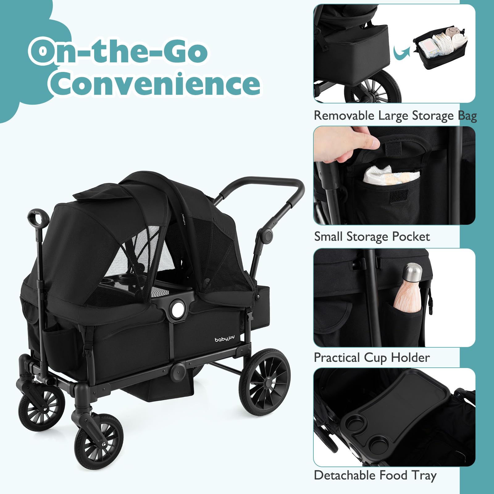 **BABY JOY Double Stroller Wagon for 2 Kids - Foldable Push Pull Wagon with Adjustable Handle, Removable Canopy, Safety Harness, Cup Holder & Snack Tray - Perfect for Outings, Beach, Park & Shopping (Black)**