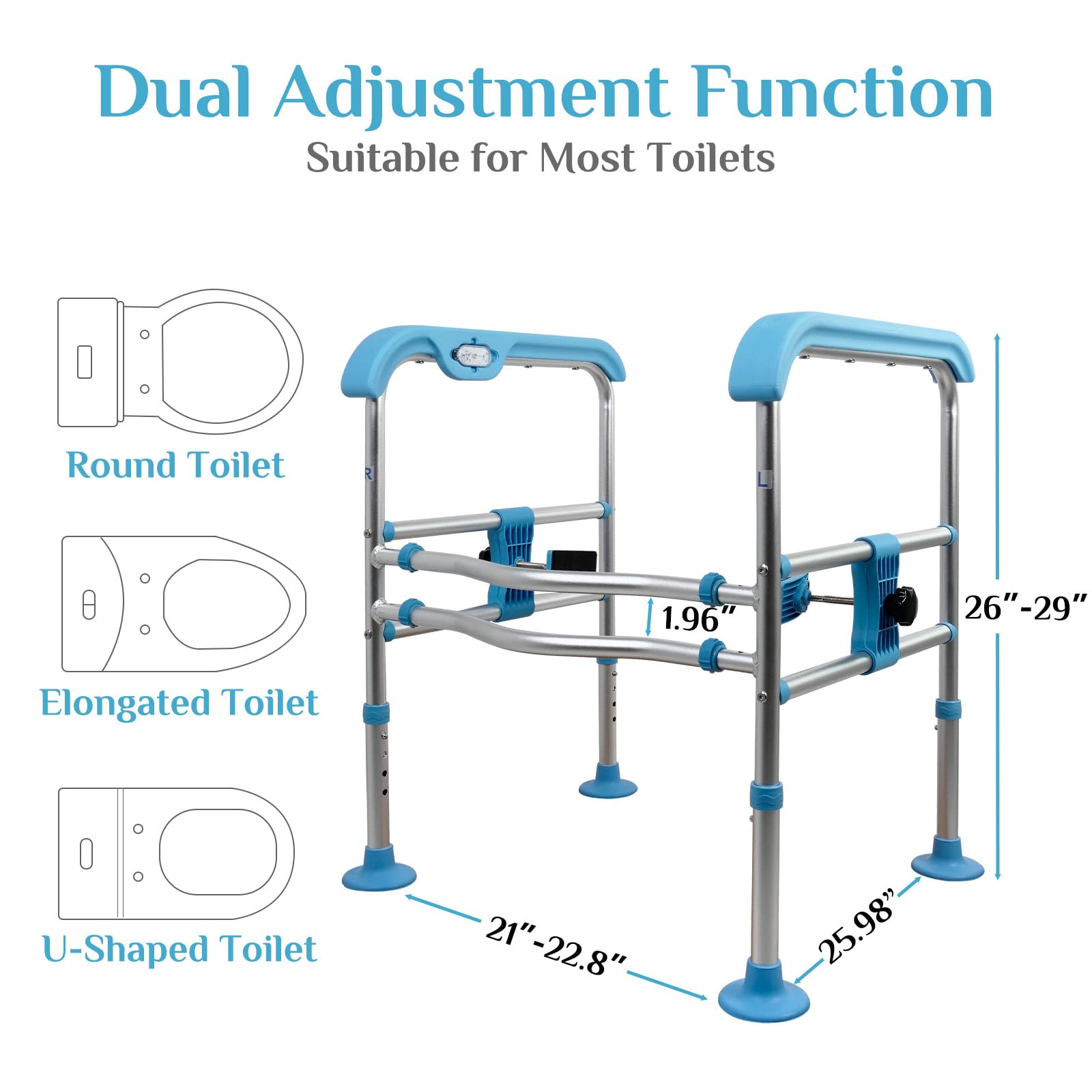Sturdy Heavy Duty Toilet Safety Rails for Elderly & Disabled - Adjustable Height/Width Support Frame with LED Handles (661 lbs Capacity) - Ideal for Bathroom Safety, Mobility Assistance & Independent Living
