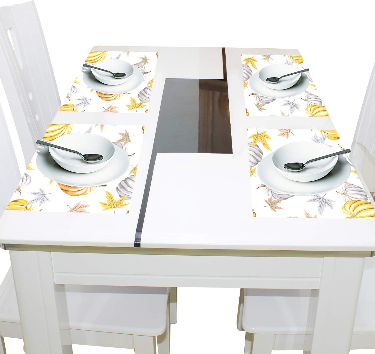 MOYYO Heat Resistant Non-Slip Polyester Placemats - Set of 4 Gray Pumpkin & Autumn Leaves Design, Washable & Easy Clean for Dining Table, Kitchen Decor | Perfect for Fall Thanksgiving Dinner & Holiday Table Setting