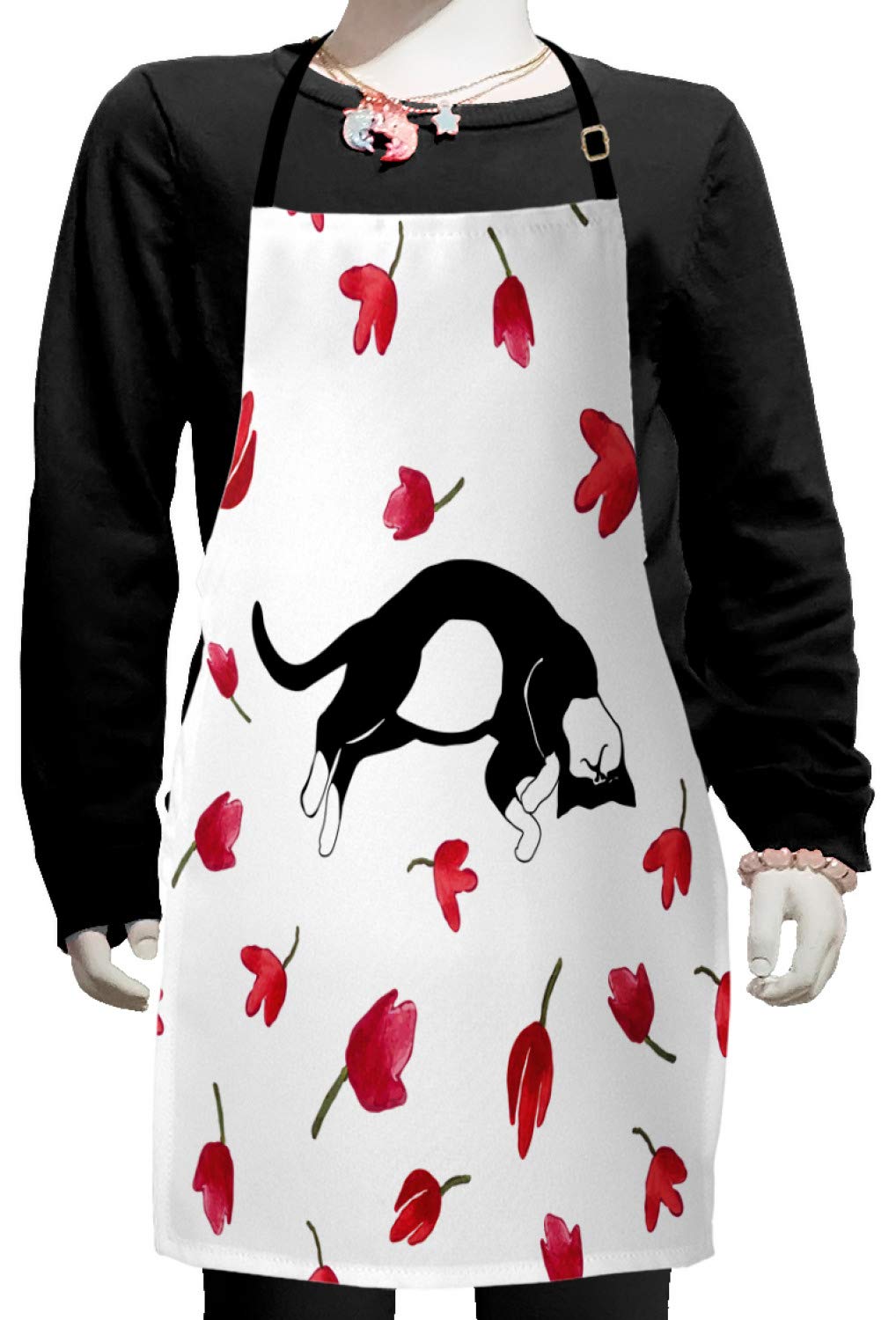 Ambesonne Modern Kitchen Apron - Adjustable Bib Apron with Cute Kitty Sleeping in Tulips Print for Baking, Painting, Cooking - Small Size Black White Pink - Perfect for Home Chefs, Artists & Cat Lovers