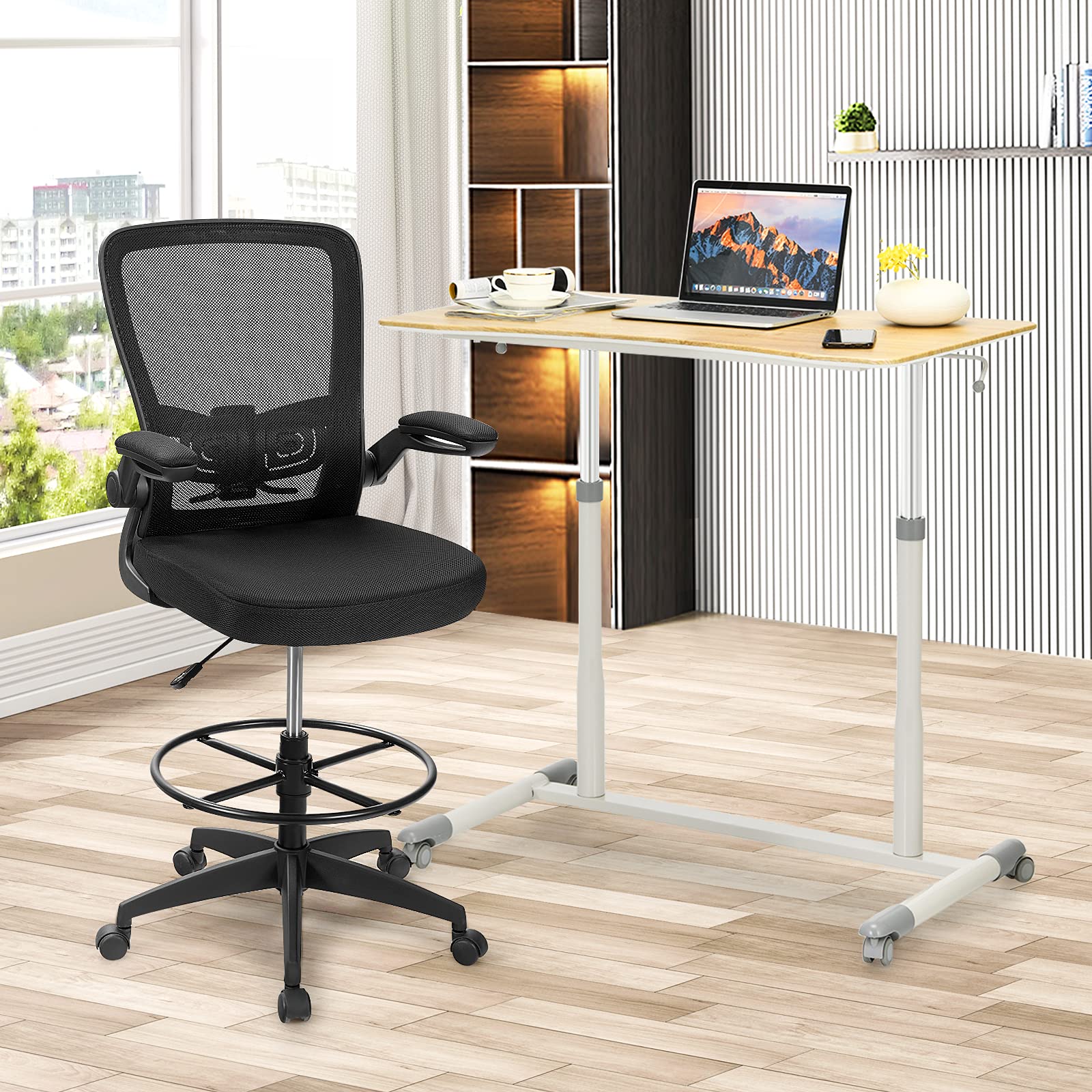 Tangkula Adjustable Height Mobile Standing Desk with Wheels - Compact Rolling Computer Desk with Steel Frame & MDF PVC Tabletop - Perfect for Home Office, Small Spaces & Remote Work (Natural Wood Finish)