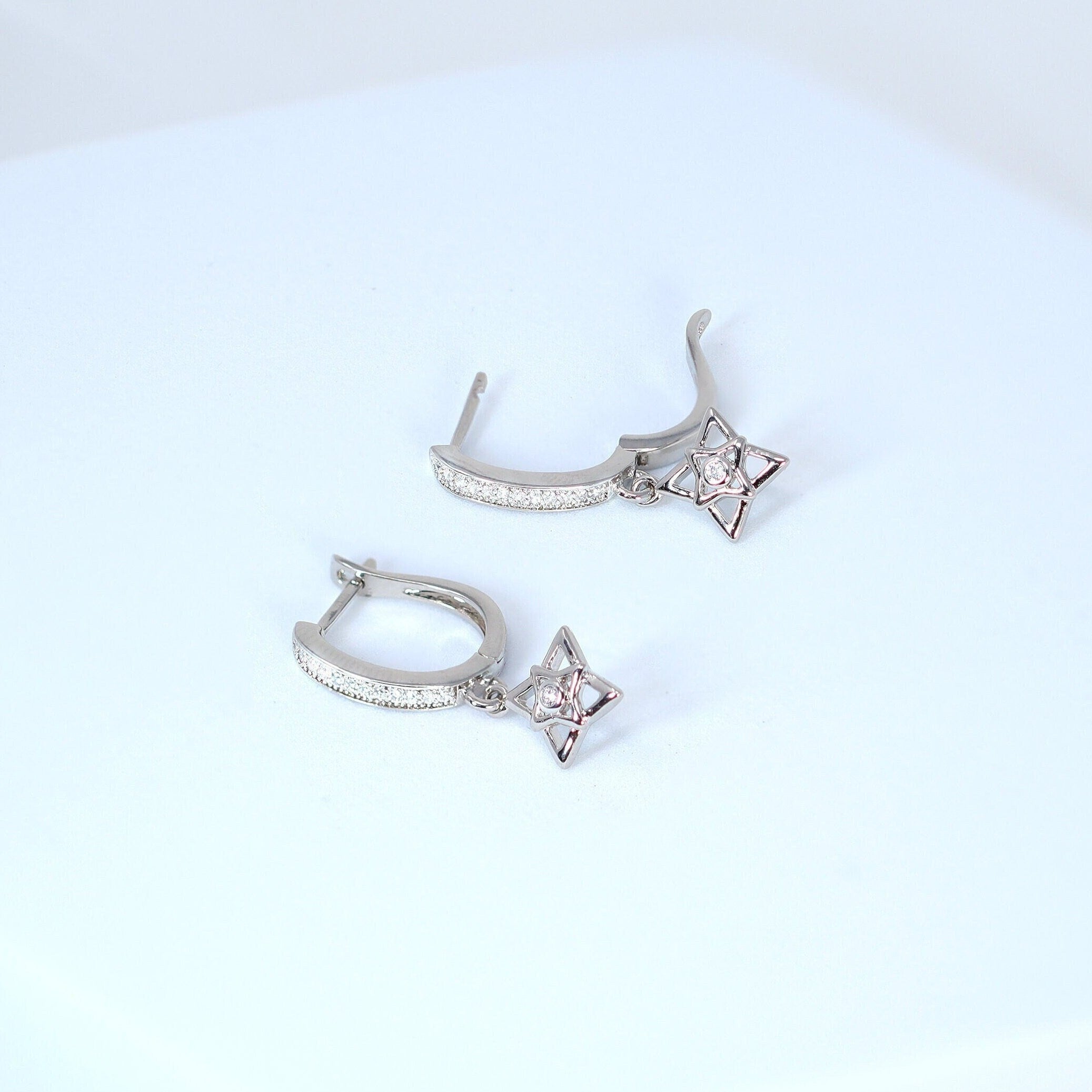 Elegant CZ Diamond Star Drop Hoop Earrings - Sparkling Crystal Statement Hoops with Rhinestones | Perfect for Parties, Weddings & Evening Events