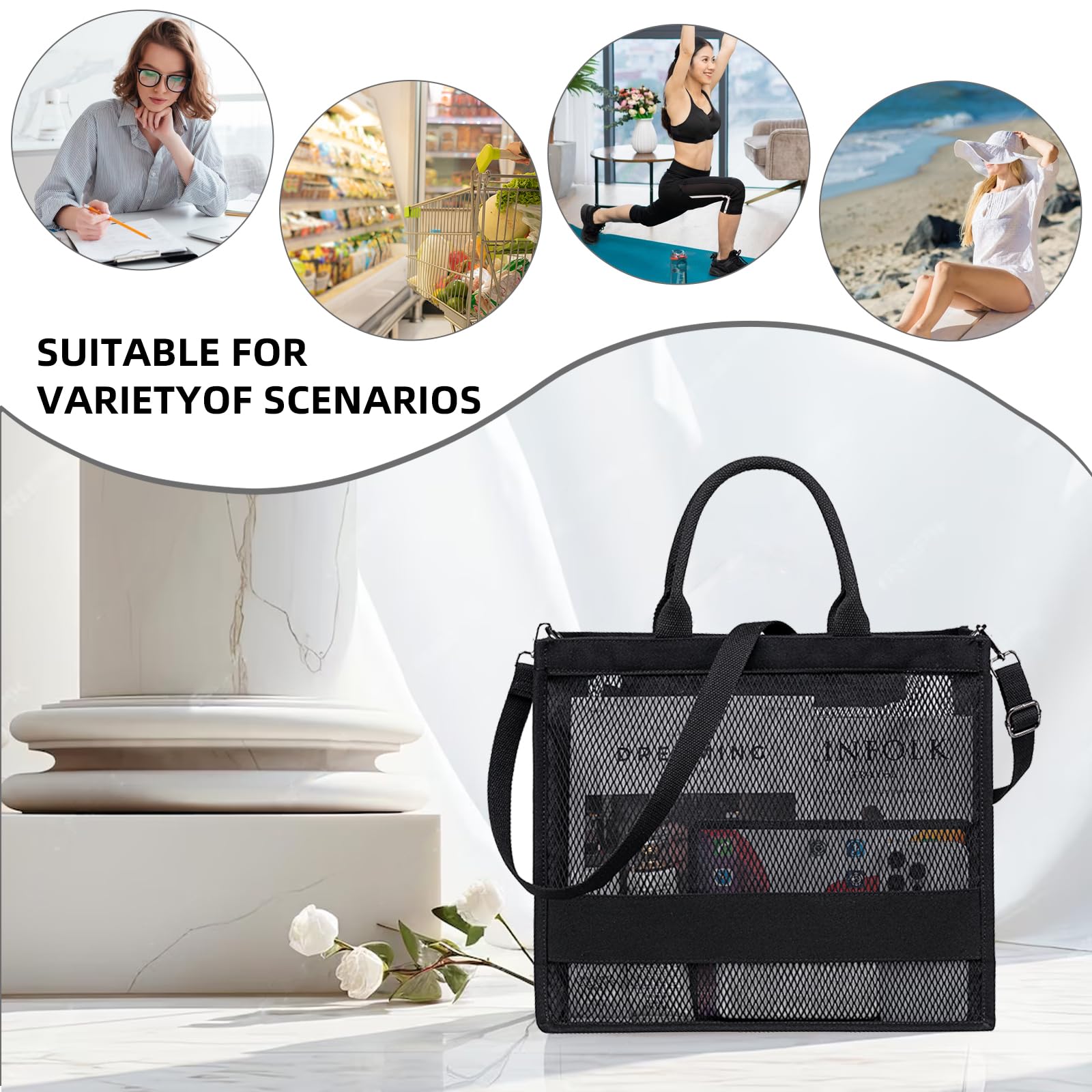BTOOP Women's Clear Mesh Beach Tote Bag with Zipper - Waterproof Pool Bag, Crossbody Purse for Travel, Work, Gym & Shopping - Perfect for Swimming, Vacation & Daily Use