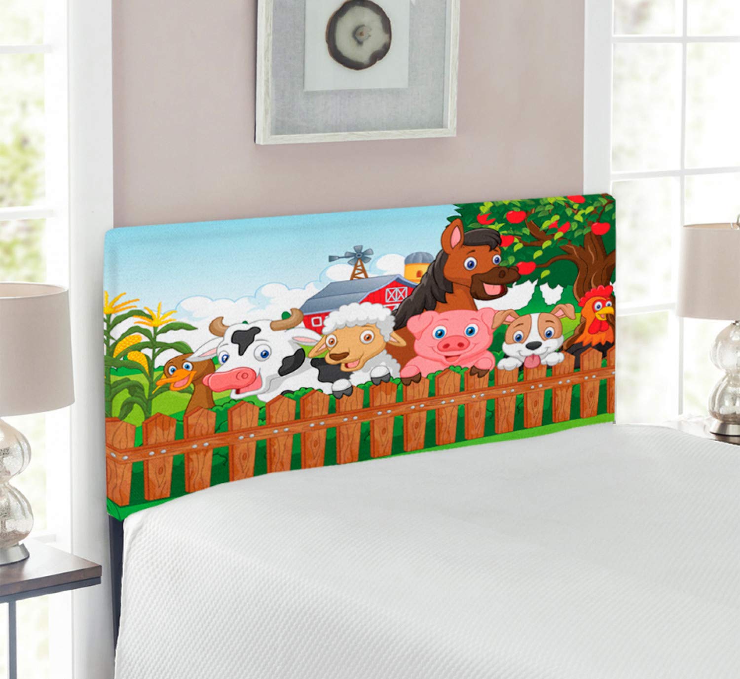 Ambesonne Cartoon Farm Animal Headboard - Upholstered Metal Bed Headboard with Memory Foam, Twin Size, Multicolor (Dog, Cow, Horse Design) - Perfect for Kids' Bedrooms, Nursery Decor & Farmhouse Style Homes