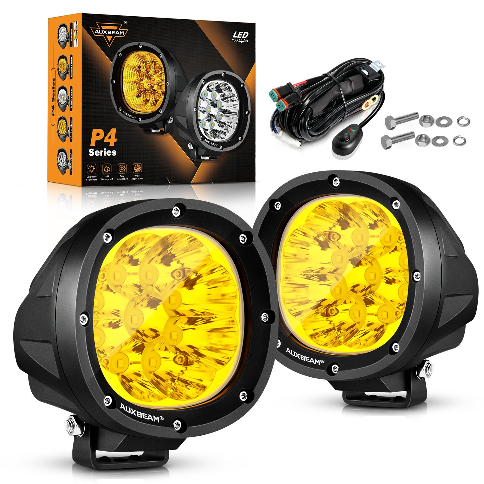 Auxbeam 4 Inch 90W LED Amber Fog Lights - 9000LM Round Offroad Driving Light Bar, Yellow Spot Light Pods for Trucks, Wrangler, UTV, Motorcycle - Perfect for Off-Roading, Bumper & Ditch Work Lighting