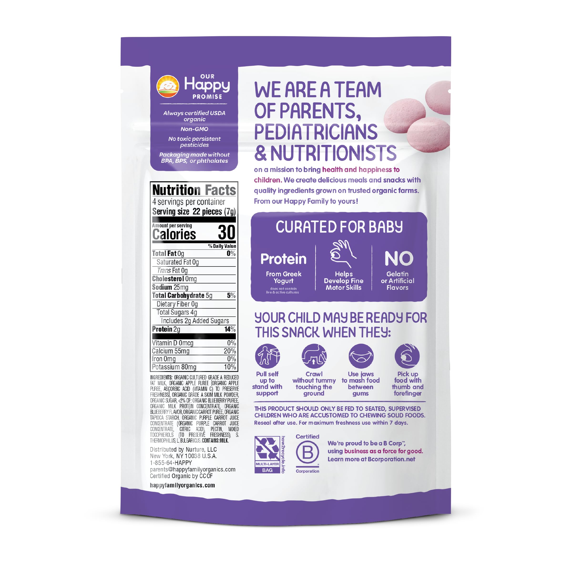 Happy Baby Organics Greek Yogis Freeze-Dried Yogurt & Fruit Snacks - Blueberry & Purple Carrot - 1 Oz | Healthy Baby & Toddler Snacks for On-the-Go, Daycare & Travel | Packaging May Vary