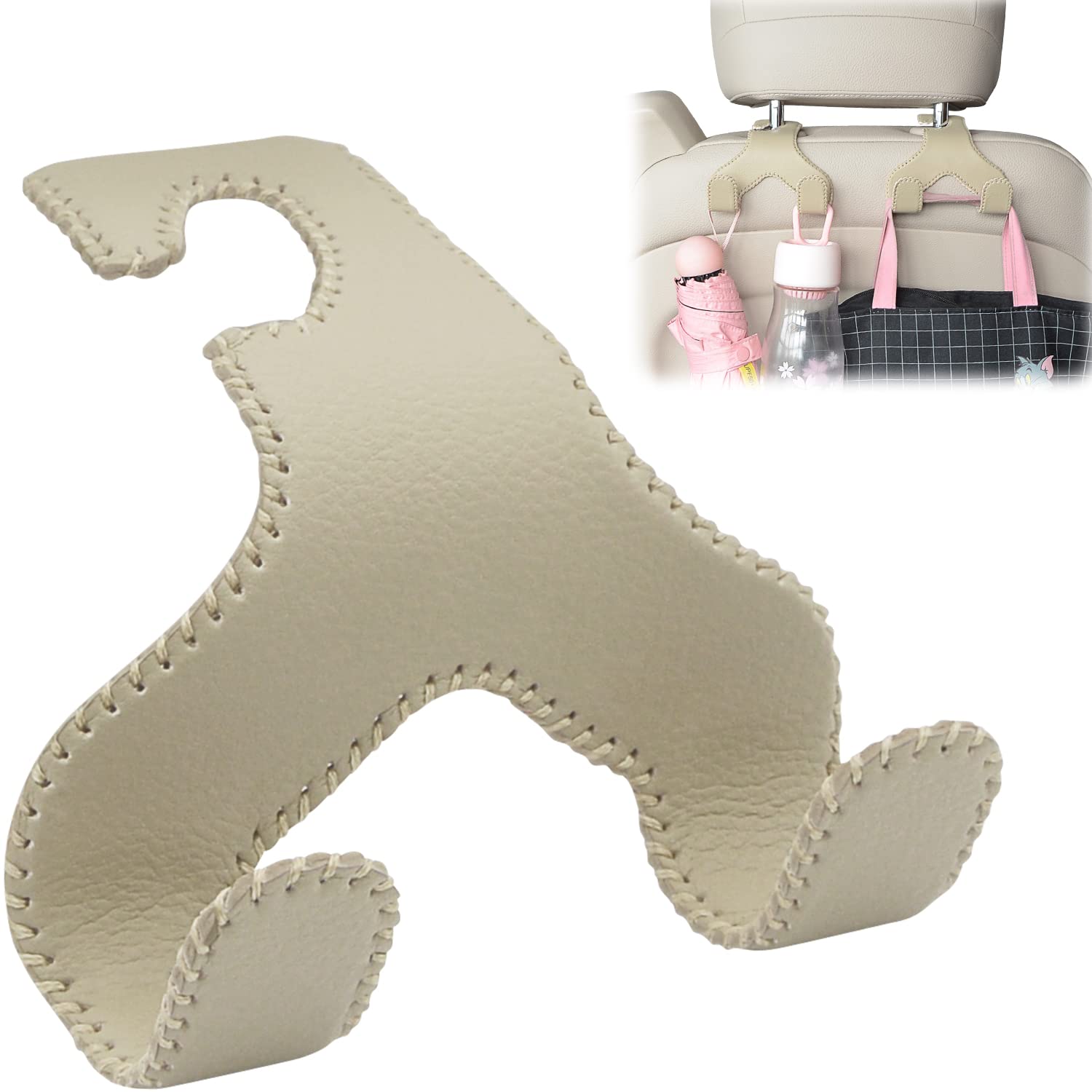 2 in 1 Car Back Seat Hooks - Heavy Duty Leather Hanger & Storage Holder for Grocery Bags, Purses & Shopping - Universal Headrest Hook for SUV, Sedan & Minivan - Perfect for Road Trips & Daily Commute (1 Pack, Beige)