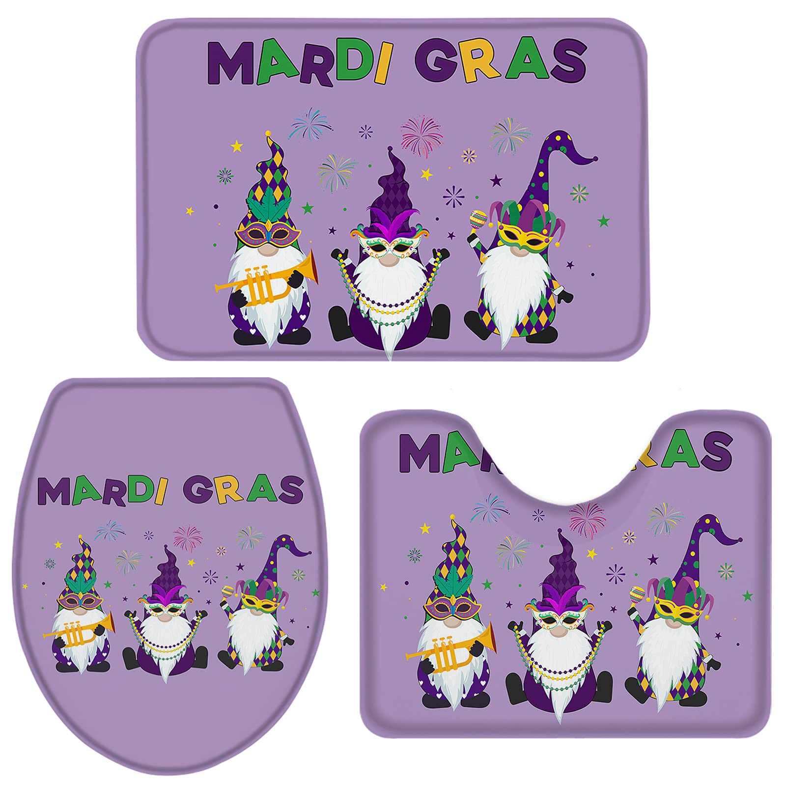 3-Piece Bathroom Rug Set - Non-Slip Absorbent Shower Mat, Contour Mat & Toilet Lid Cover | Mardi Gras Carnival Gnome Party Theme | Soft Bath Mats for Bathroom Safety & Decor | Perfect for Guest Bathrooms, Kids' Bathrooms & Themed Parties