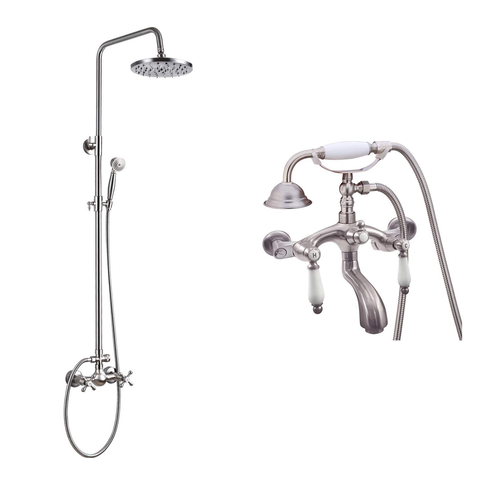 Gotonovo 8 Inch Rainfall Shower Head with Handheld Spray - Polished Chrome & Brushed Nickel Shower Faucet for Clawfoot Tub - Wall Mounted Shower Fixture for Luxurious Bathroom Experience | Perfect for Spa-Like Relaxation and Modern Bathroom Upgrades