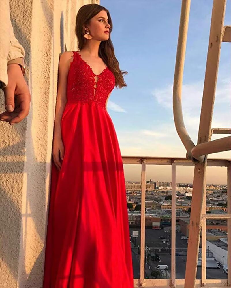 Elegant Long Prom Dress for Women - Lace Appliques Evening Gown with Lace-Up Back, Satin Bridesmaid Dress for Formal Parties, Weddings & Special Occasions