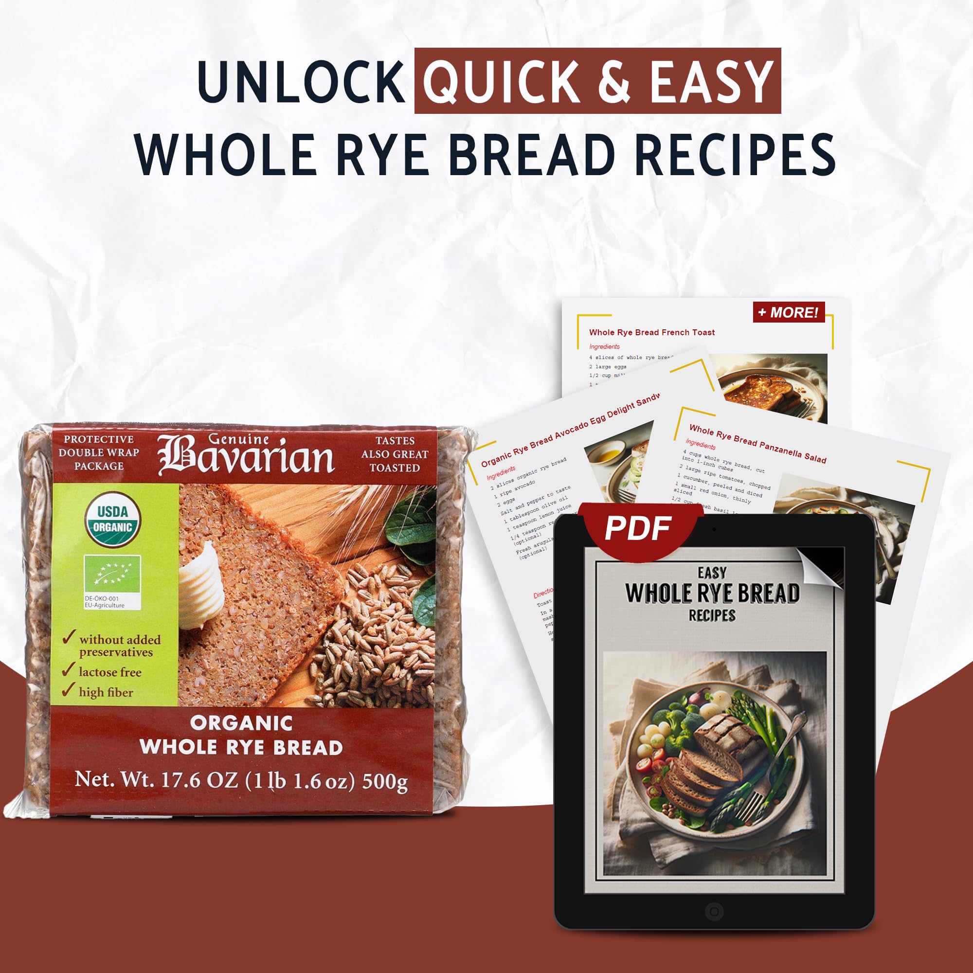 Bavarian Whole Rye Bread - 6 Pack (17.6 Oz) | Traditional German Dark Rye Bread | Kosher & Lactose-Free | Perfect for Sandwiches, Toast & Healthy Snacks | Includes Easy Rye Bread Recipes | Family Size 6-Count Pack