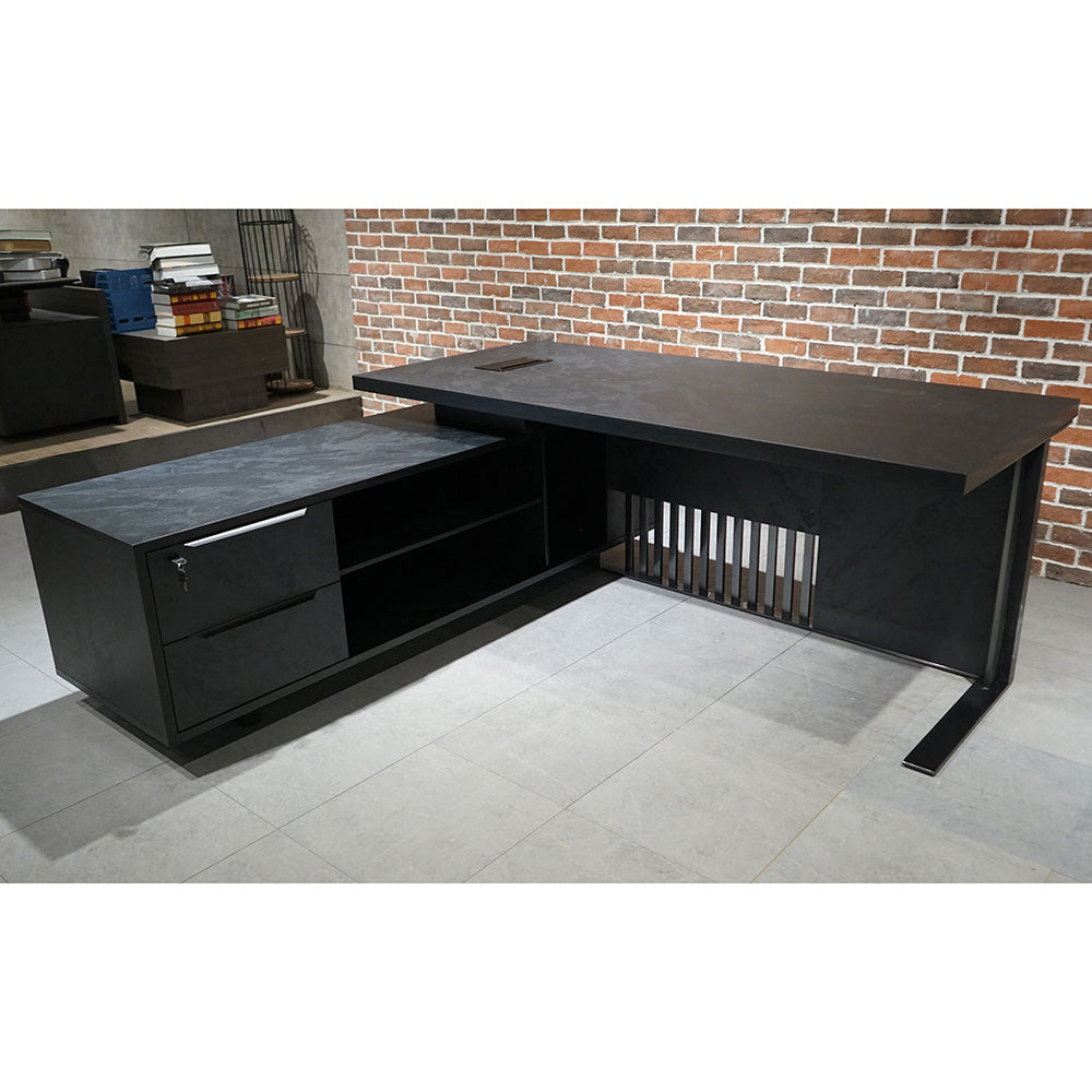 Premium DAXTON Black Executive Desk with Left Return - 200cm Black Concrete Finish | Modern Office Furniture for Home & Workspace