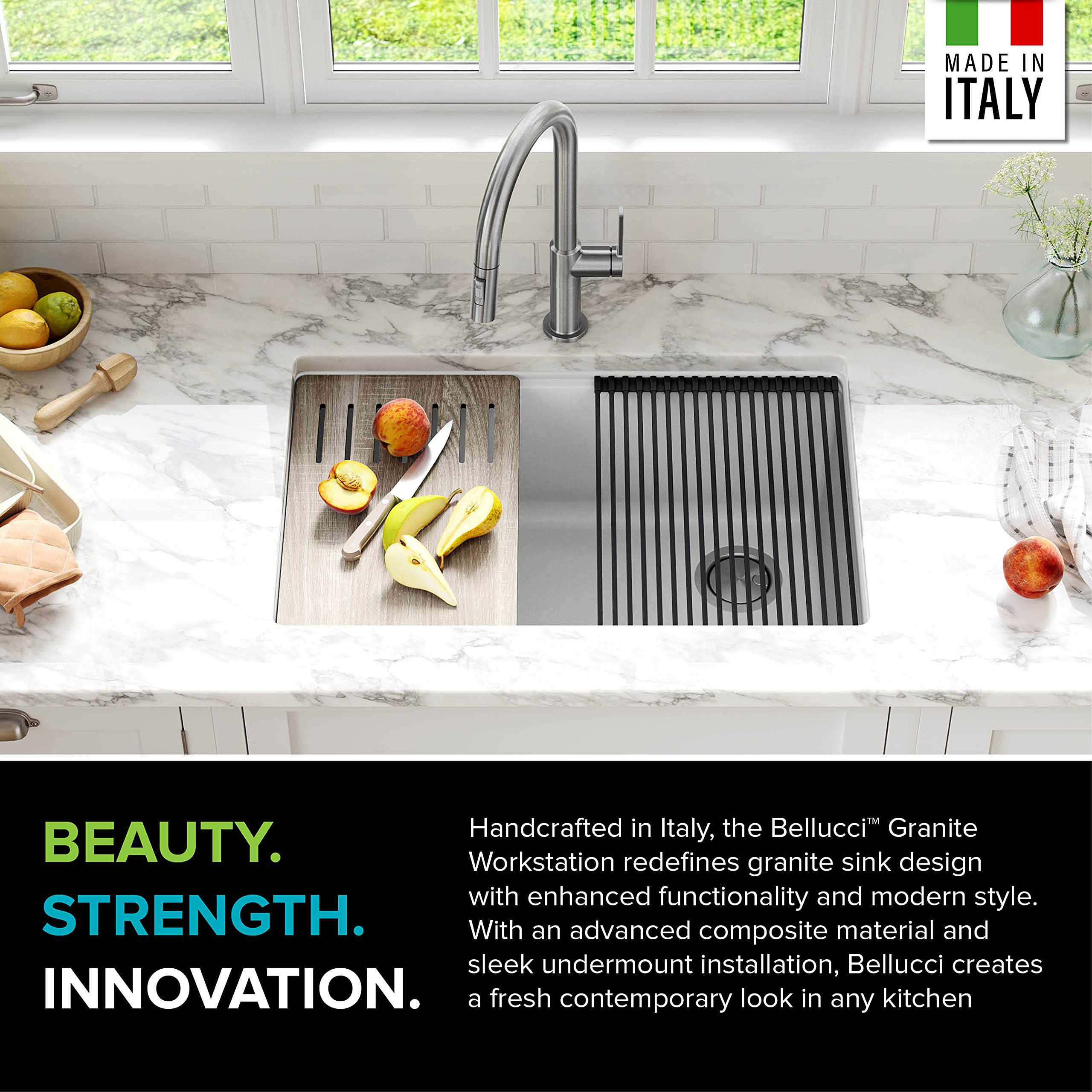 KRAUS Bellucci 30-Inch Undermount Workstation Granite Kitchen Sink in White with Accessories - Perfect for Modern Kitchens, Food Prep & Dishwashing | Model KGUW1-30WH