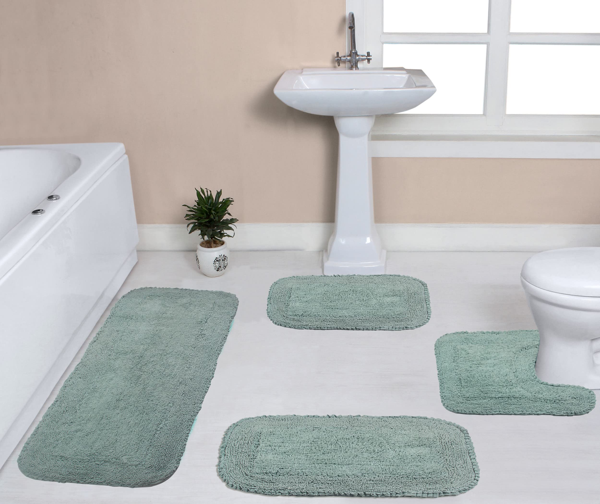 Premium 100% Cotton Bathroom Rugs Set - Ultra Soft, Absorbent & Washable Non-Slip Bath Mat with Runner - 4 Piece Blue Collection for Bathroom, Kitchen & Home Decor - Perfect for Spa-Like Comfort and Safety