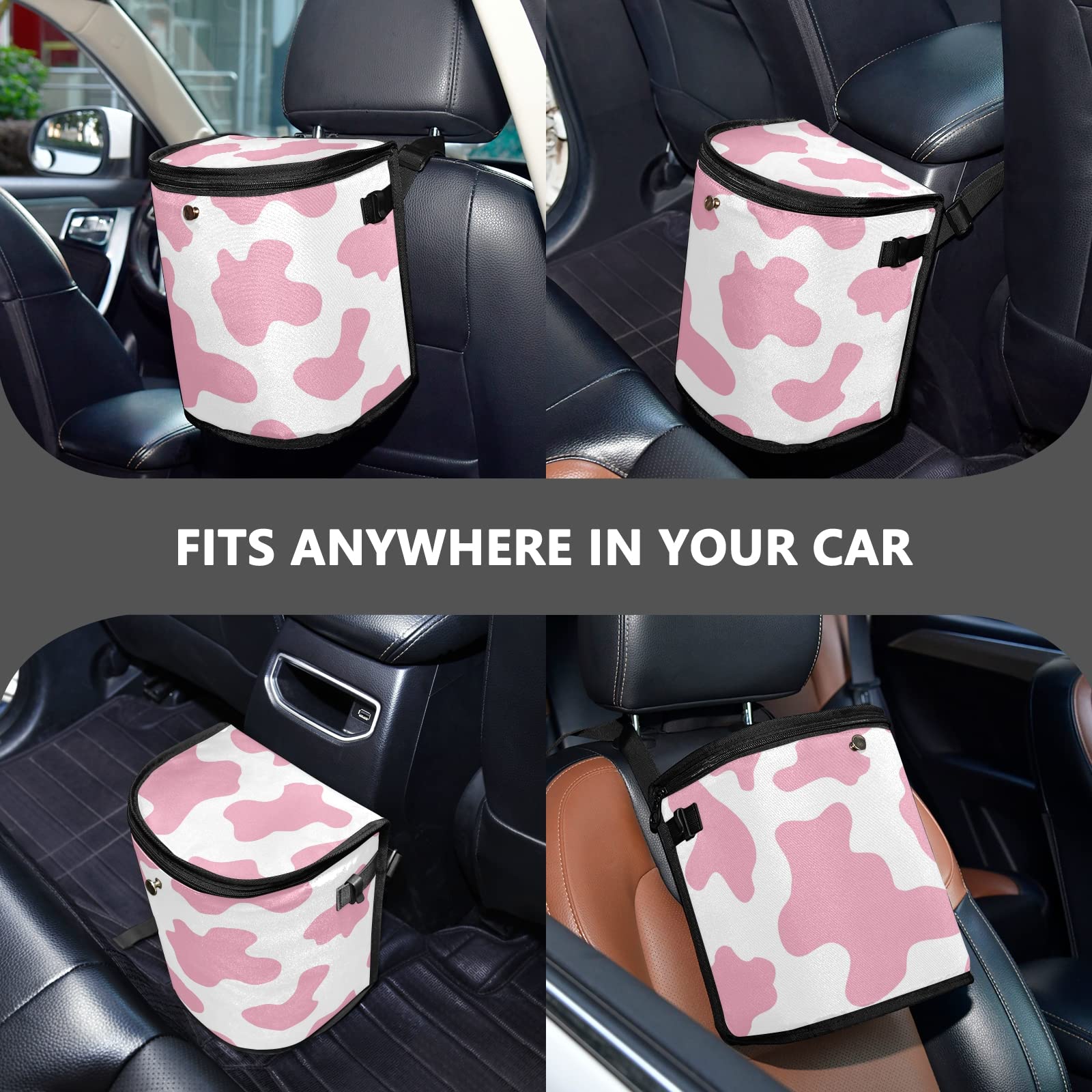 JUNZAN Leakproof Pink Cow Print Car Trash Can with Lid - Hanging Trash Bag for Minivan, Truck, Van & SUV - Perfect for Road Trips, Commuting & Family Travel