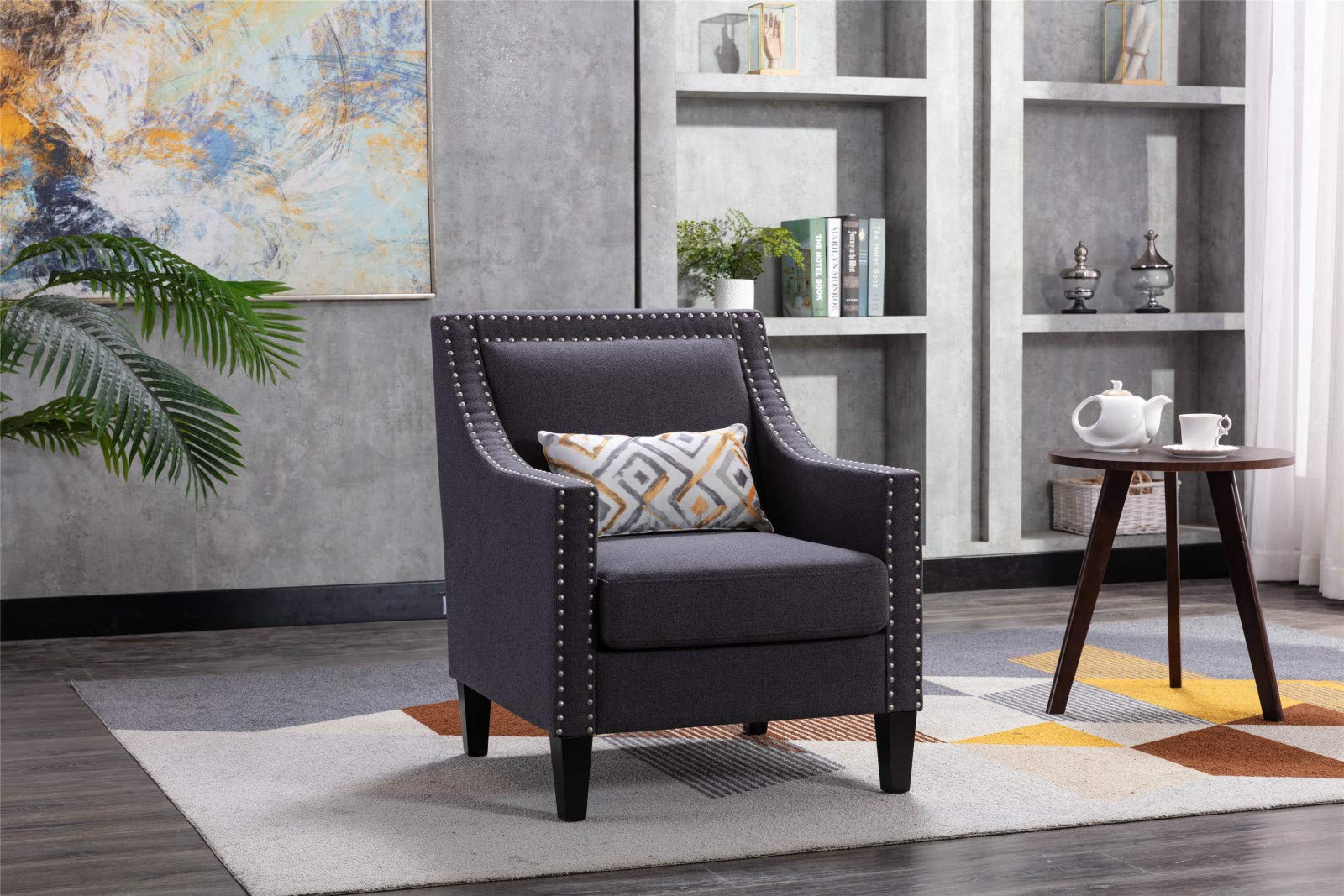 Modern Velvet Accent Club Chair with Swoop Arms & Silver Nailhead Trim - Solid Rubber Wood Legs - Stylish Living Room & Bedroom Armchair in Black - Perfect for Reading Nooks, Home Offices, and Lounge Areas