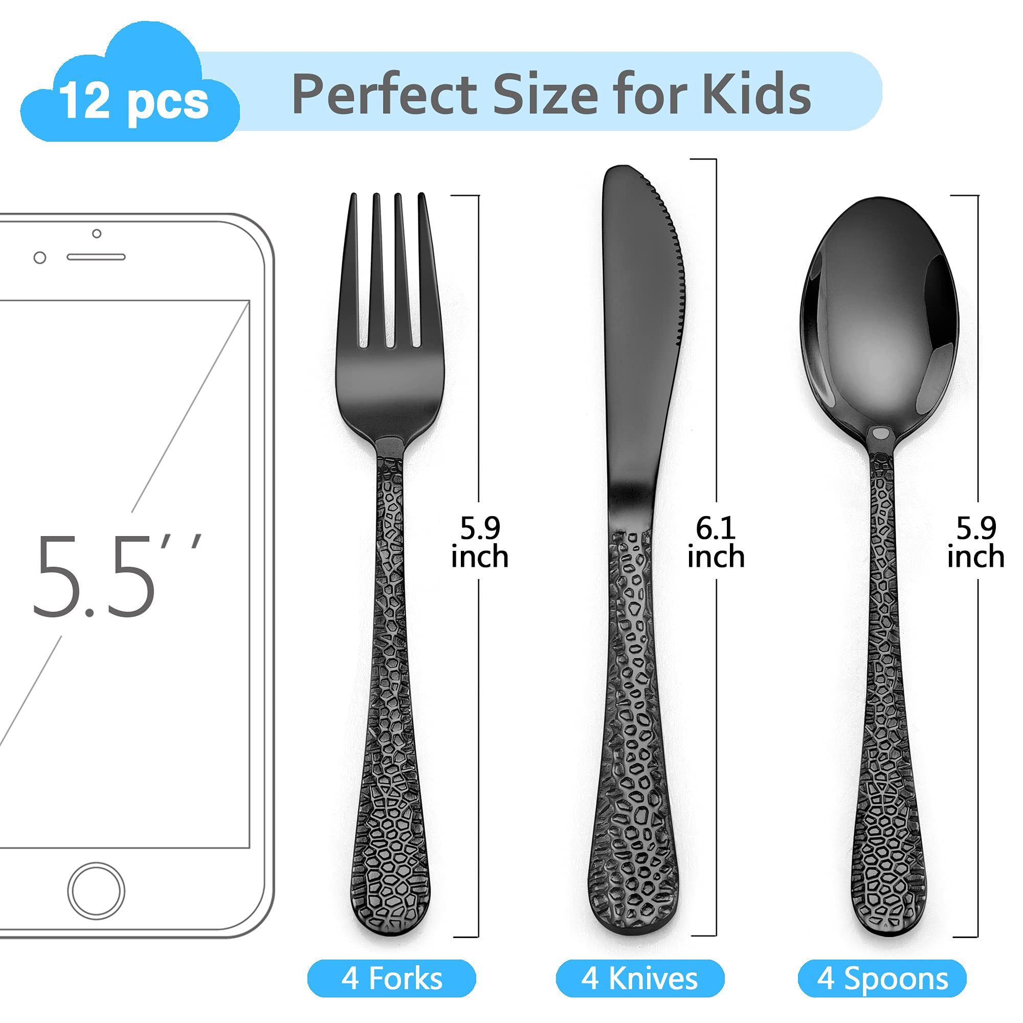 LIANYU 9-Piece Kids Stainless Steel Silverware Set - Black Hammered Metal Flatware for Toddlers & Preschoolers (Knives, Forks, Spoons) | Dishwasher Safe | Perfect for Home, School Lunch & Travel